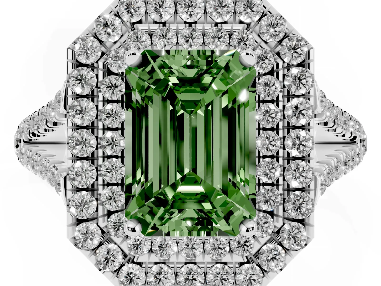Fancy Green Emerald Cut Diamond Double Halo Ring with Pavé Band and Prong Setting Platinum