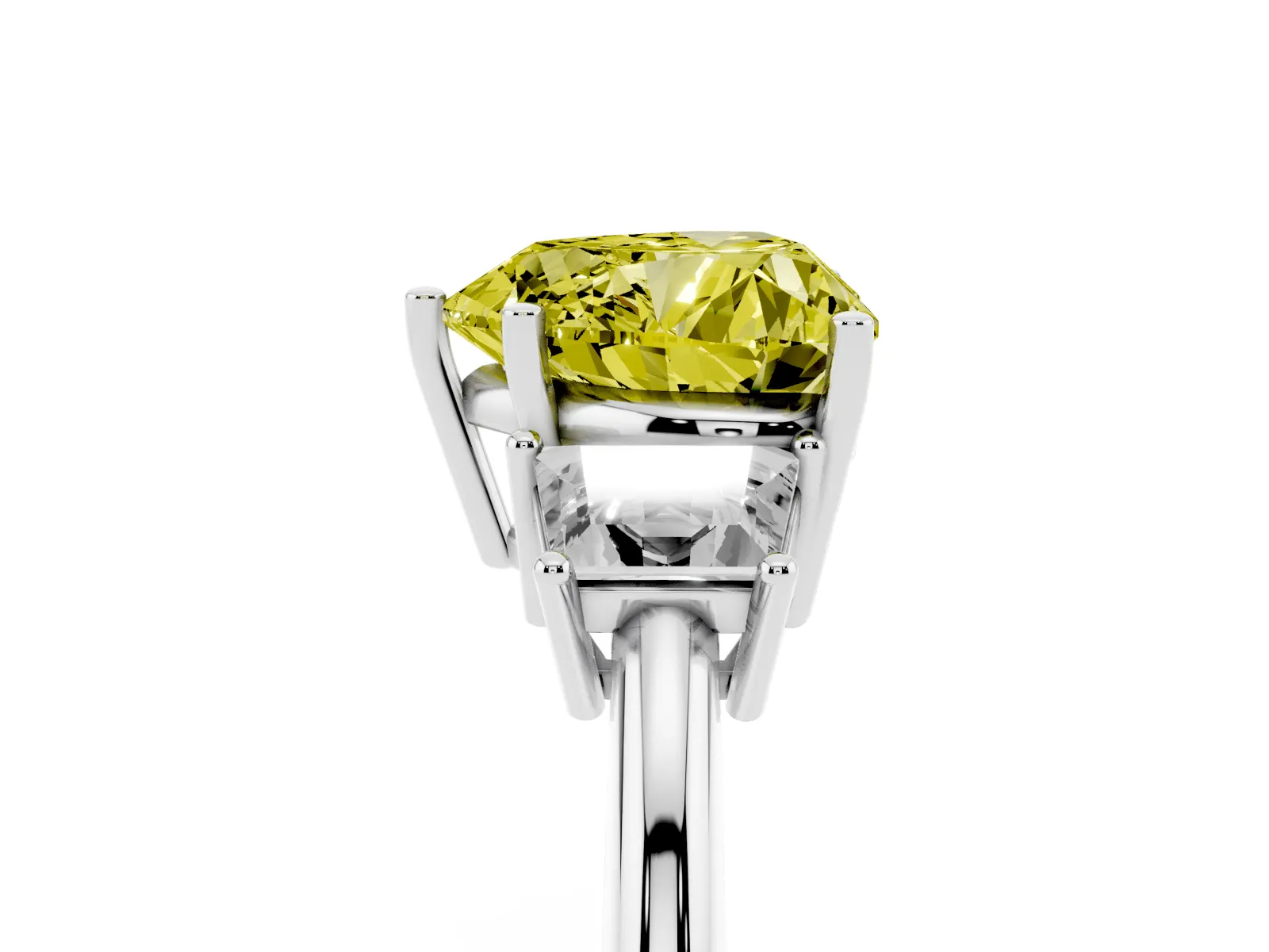 Fancy Yellow Heart Cut Diamond Three-Stone Ring with Trapezoid Side Stones and Prong Setting White gold