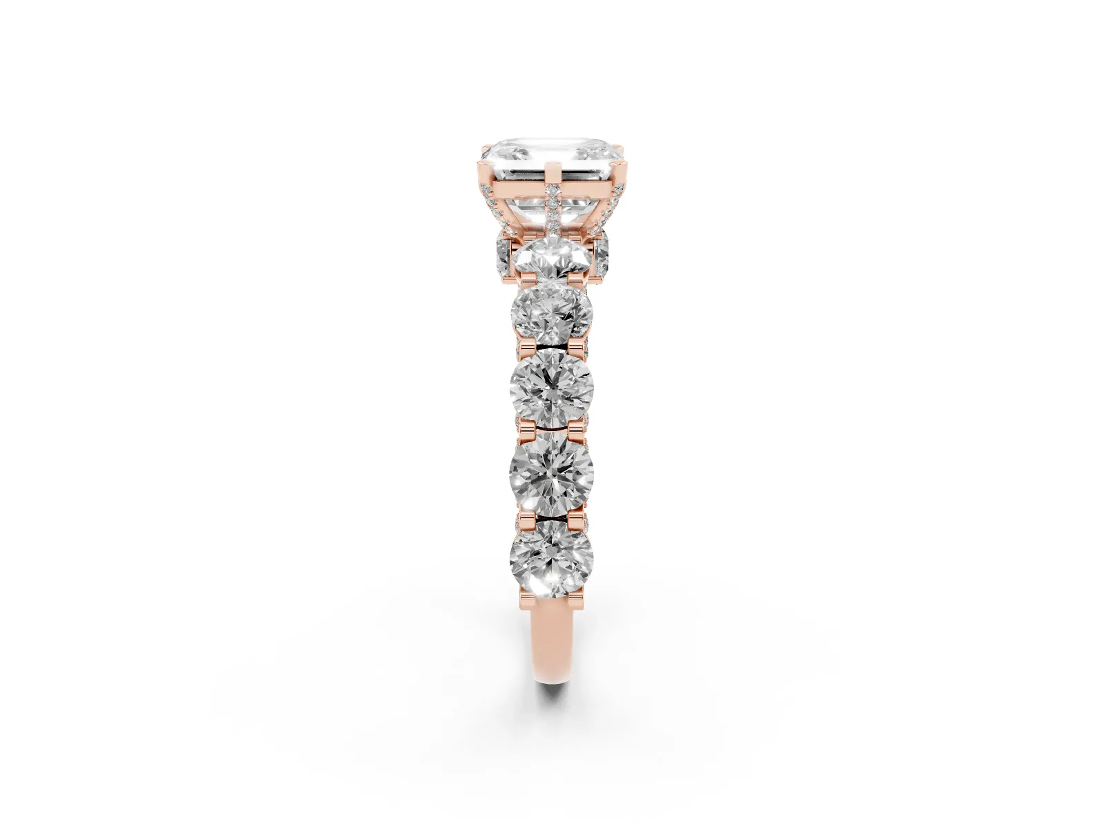 Asscher Cut Diamond Side Stone Engagement Ring with Four-Prong Setting Rose gold