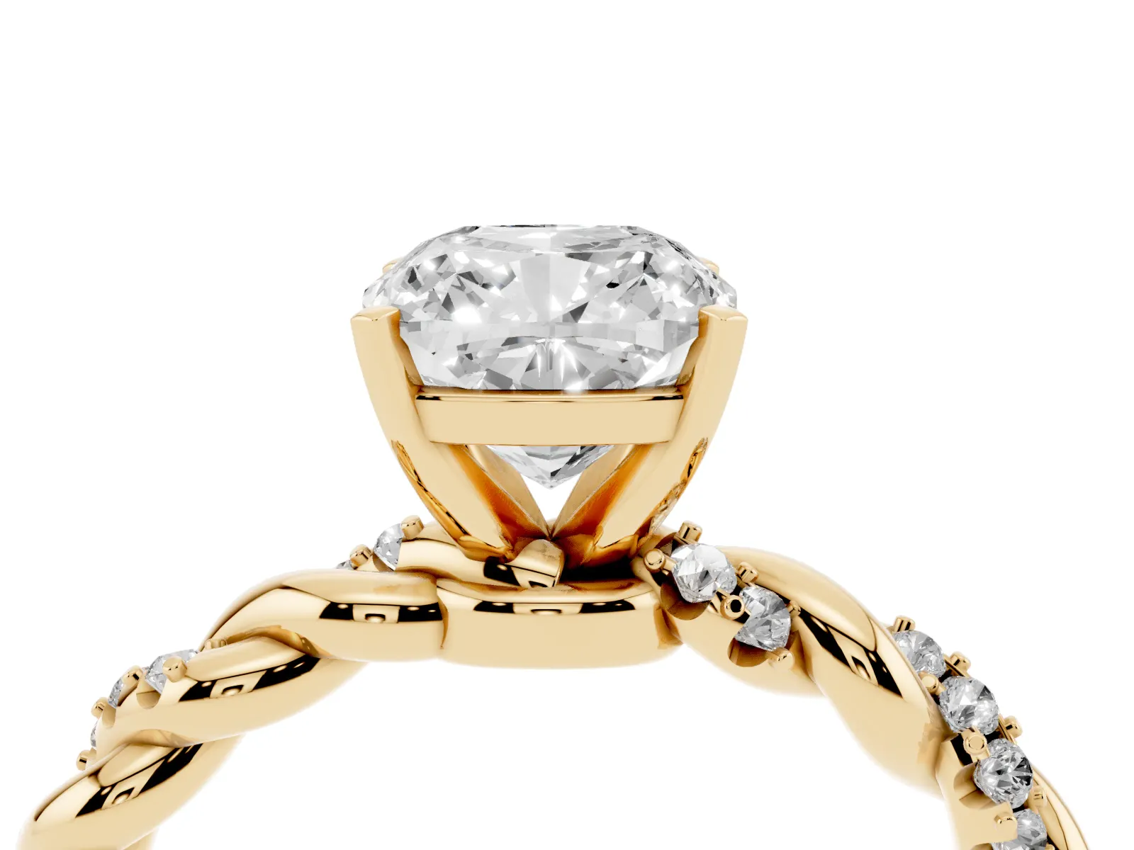 Cushion Cut Diamond Solitaire Ring with Twisted Band and Pavé Accents Yellow gold