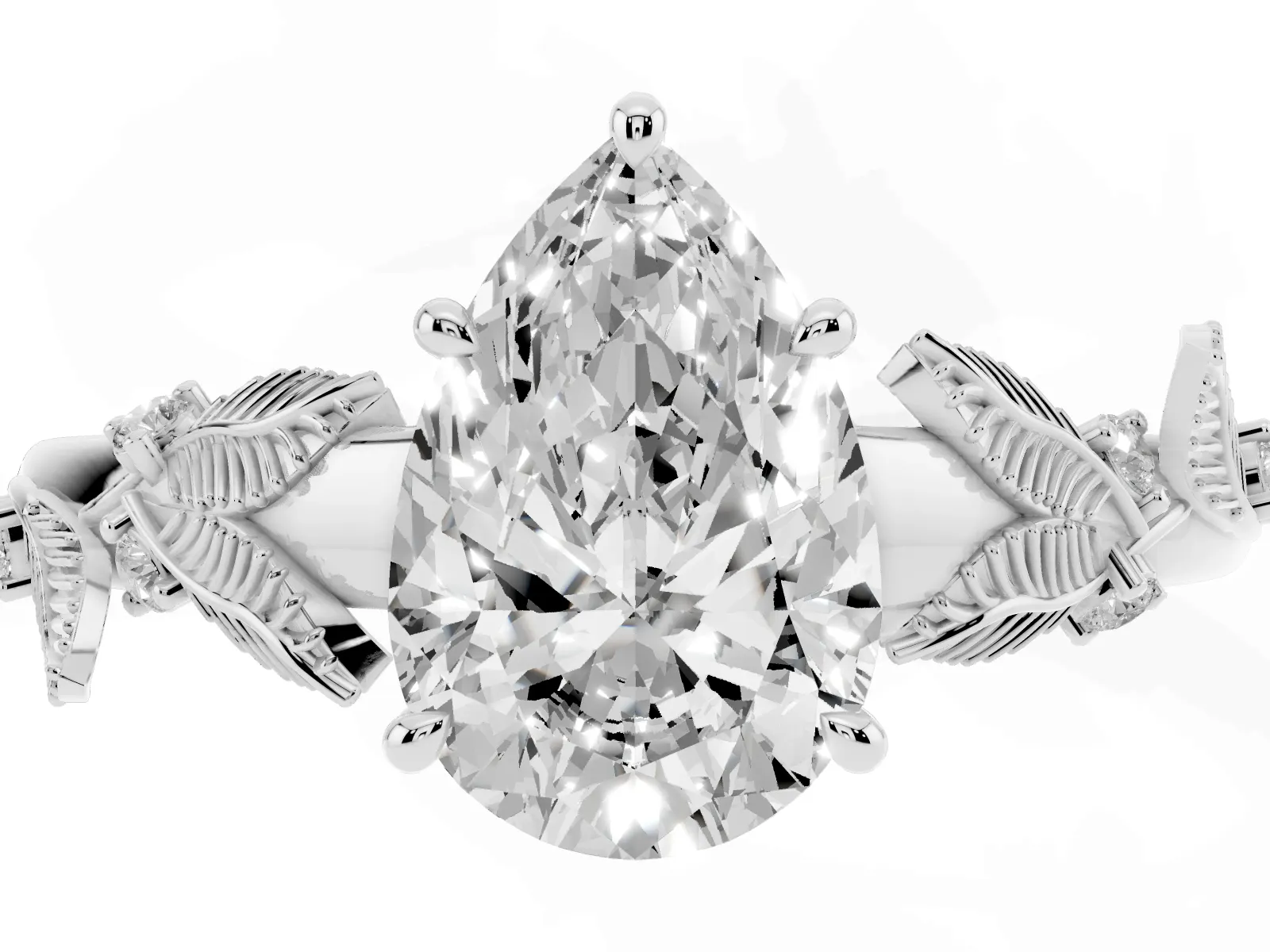 Pear Cut Diamond Solitaire Ring with Leaf Motif Band and Four-Prong Setting Platinum