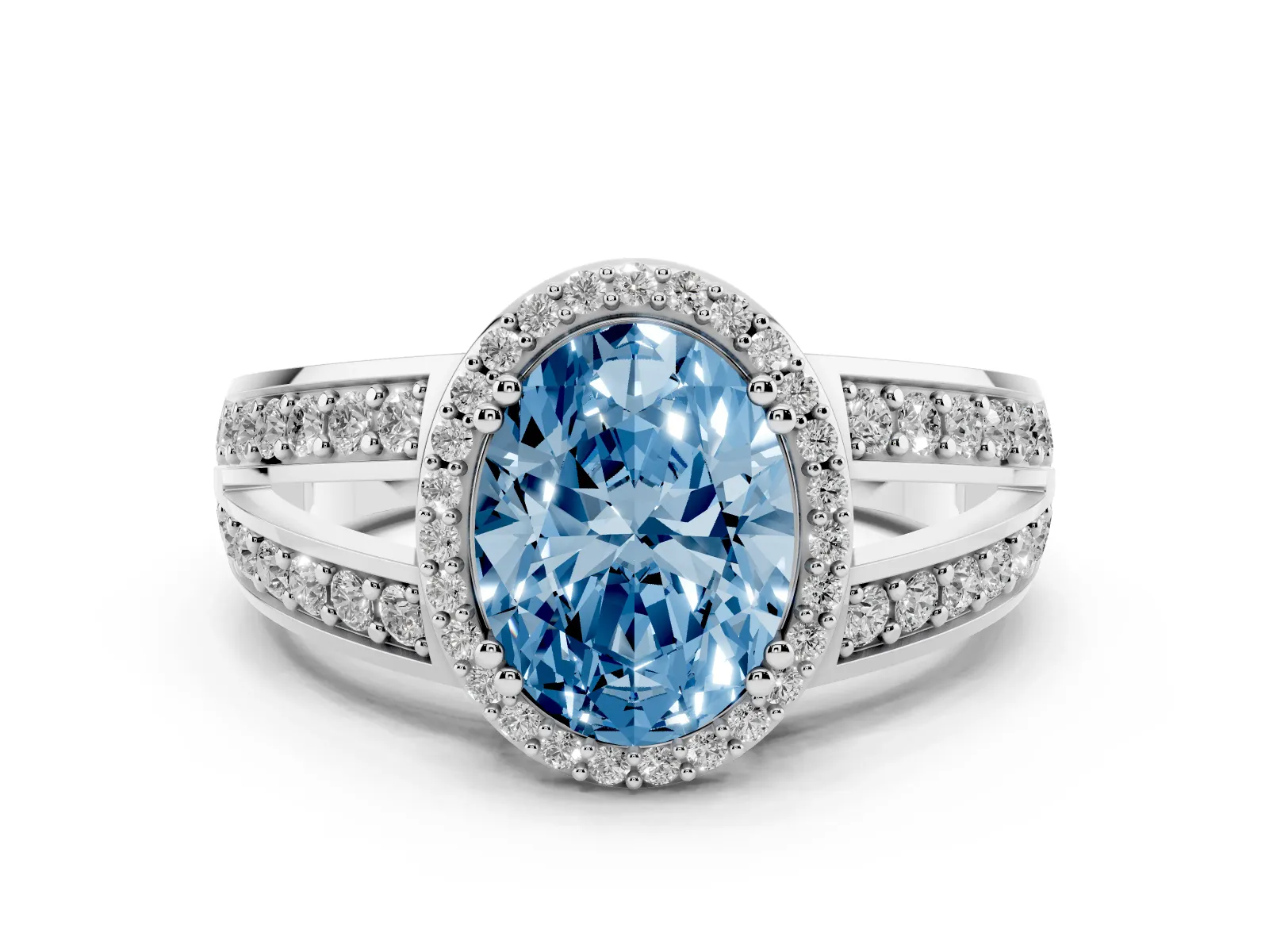 Fancy Blue Oval Cut Diamond Halo Ring with Split Shank Pavé Band and Four-Prong Setting White gold