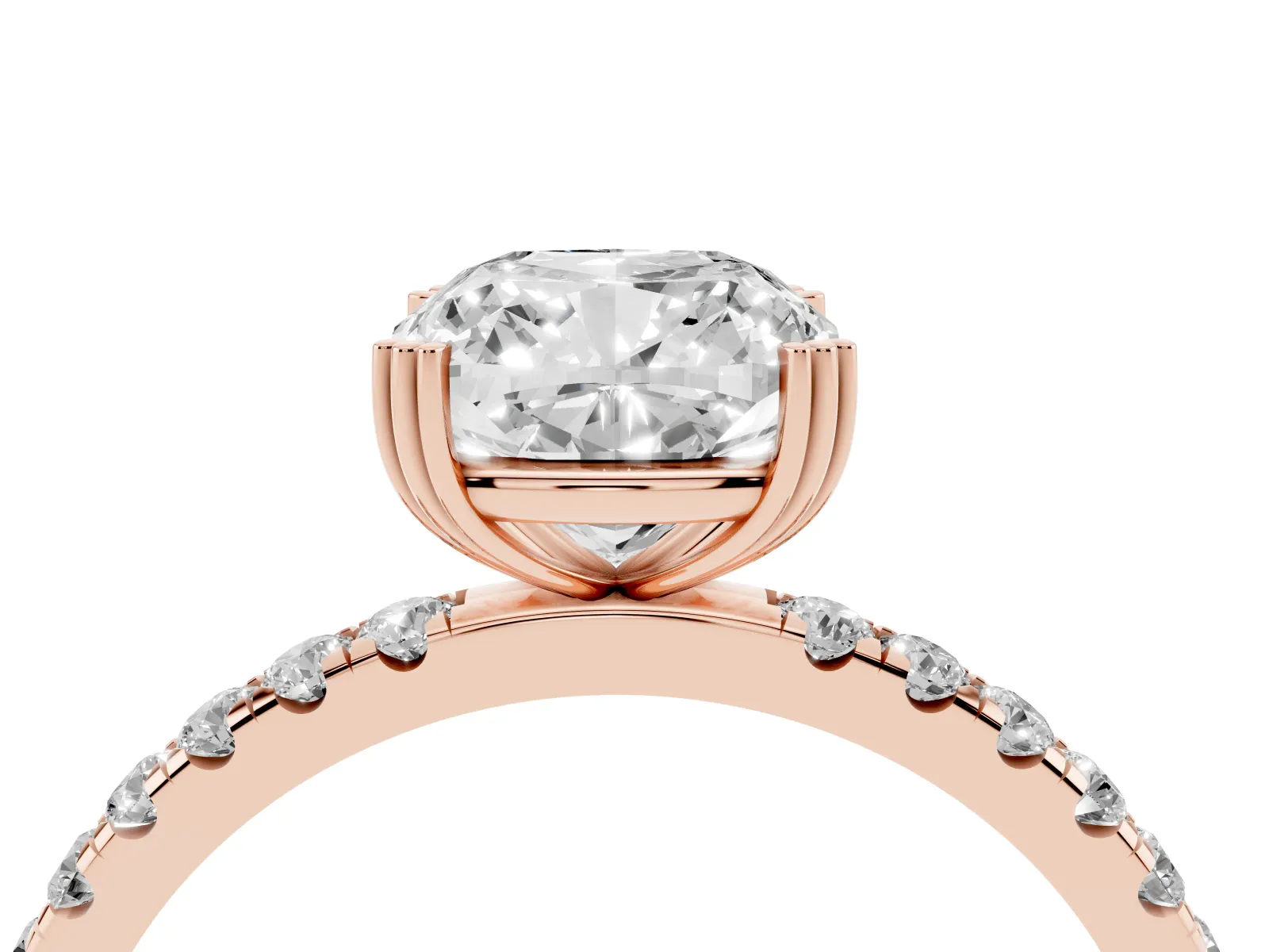 Cushion Cut Brilliant Solitaire with Pavé Band and Claw Prong Setting Rose gold