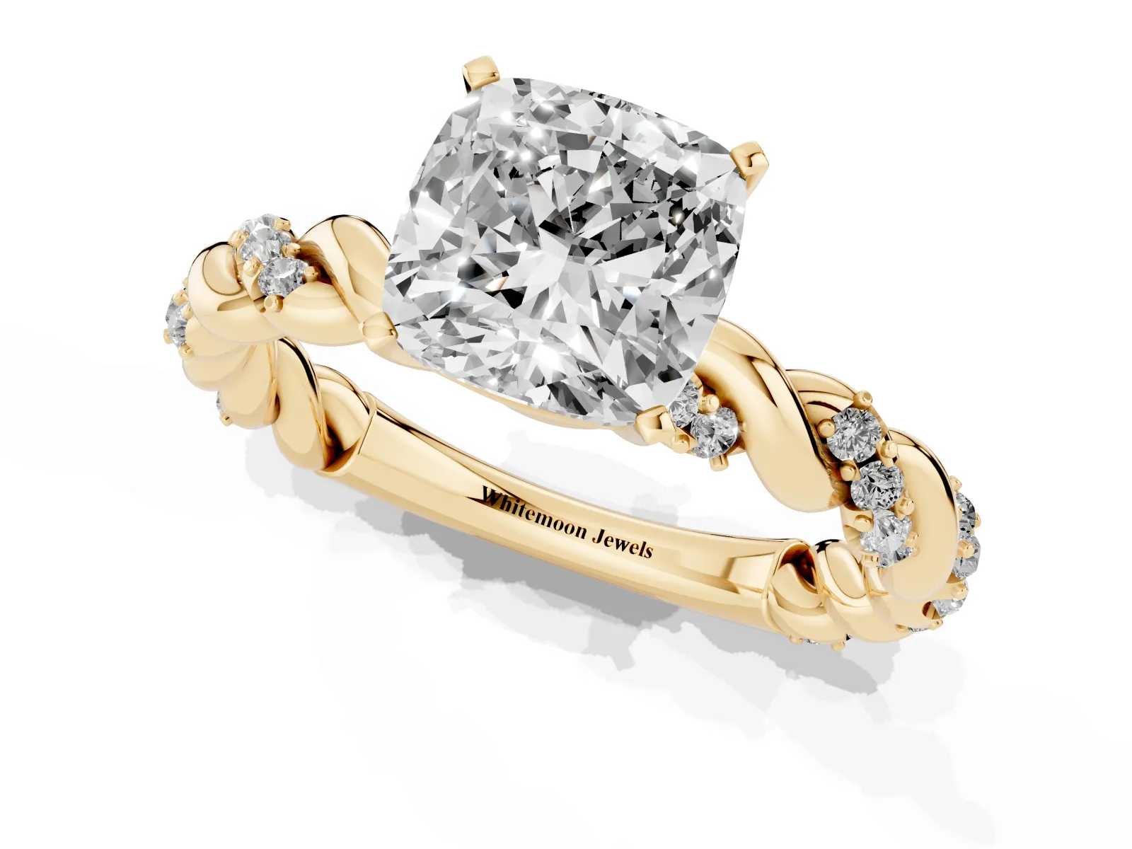 Cushion Cut Diamond Solitaire Ring with Twisted Band and Pavé Accents Yellow gold