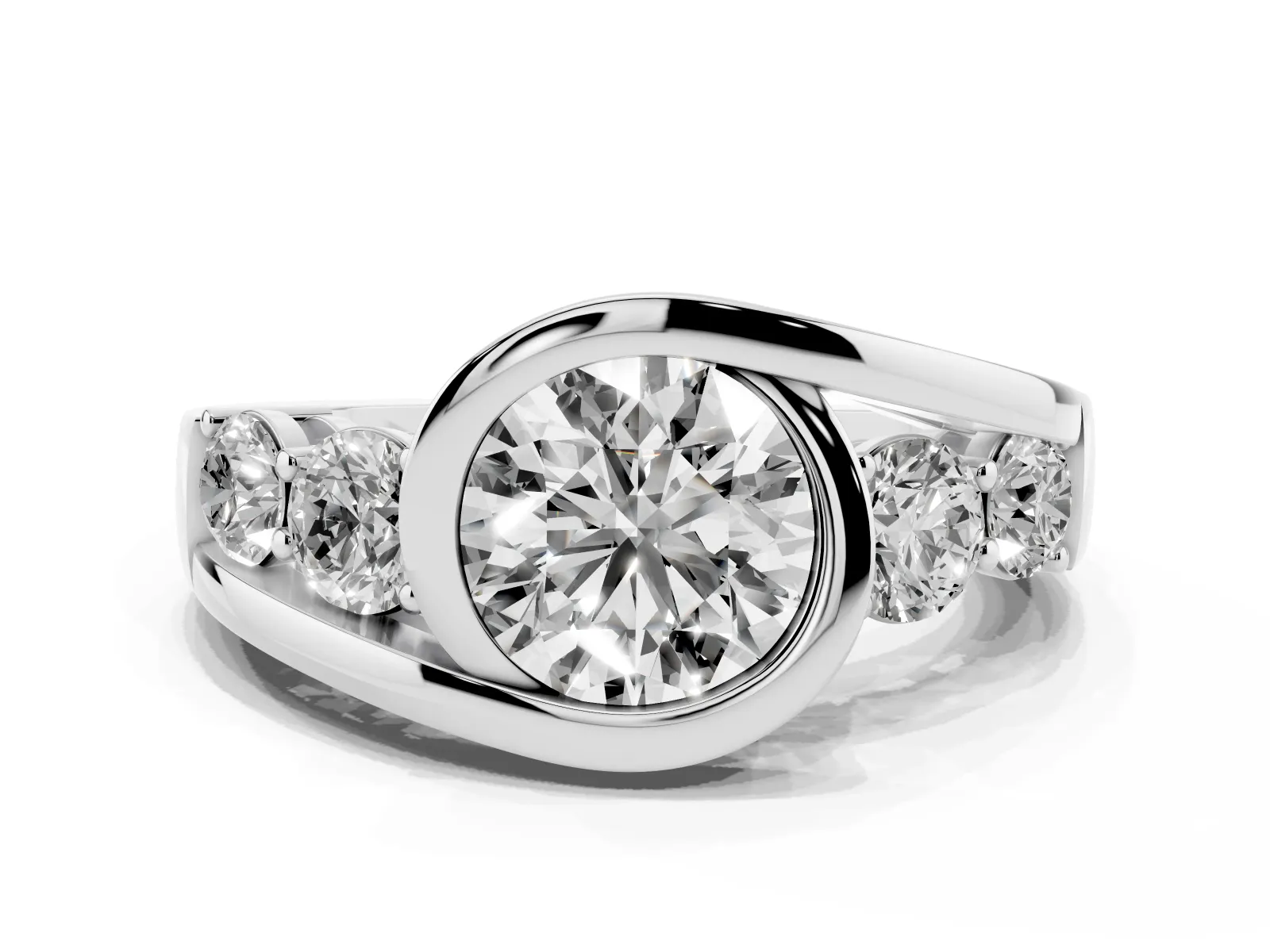 Bezel Set Round Cut Diamond Bypass Ring with Round Accents White gold