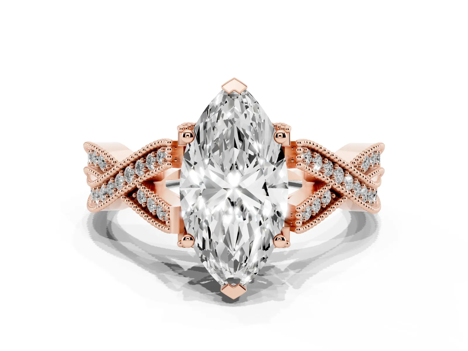 Marquise Cut Cut Diamond Twisted Band with Milgrain Pave Setting and Four-Prong Setting Rose gold