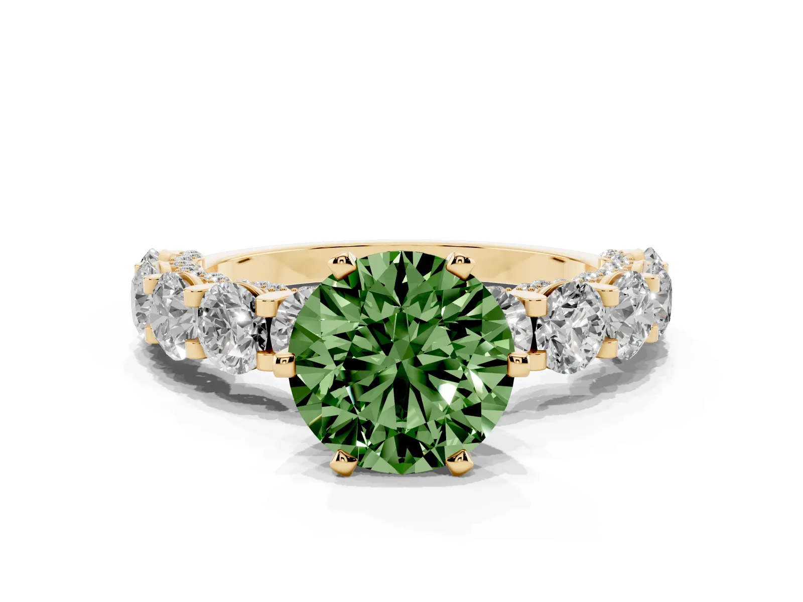 Fancy Green Round Cut Diamond Side Stone Engagement Ring with Four-Prong Setting Yellow gold