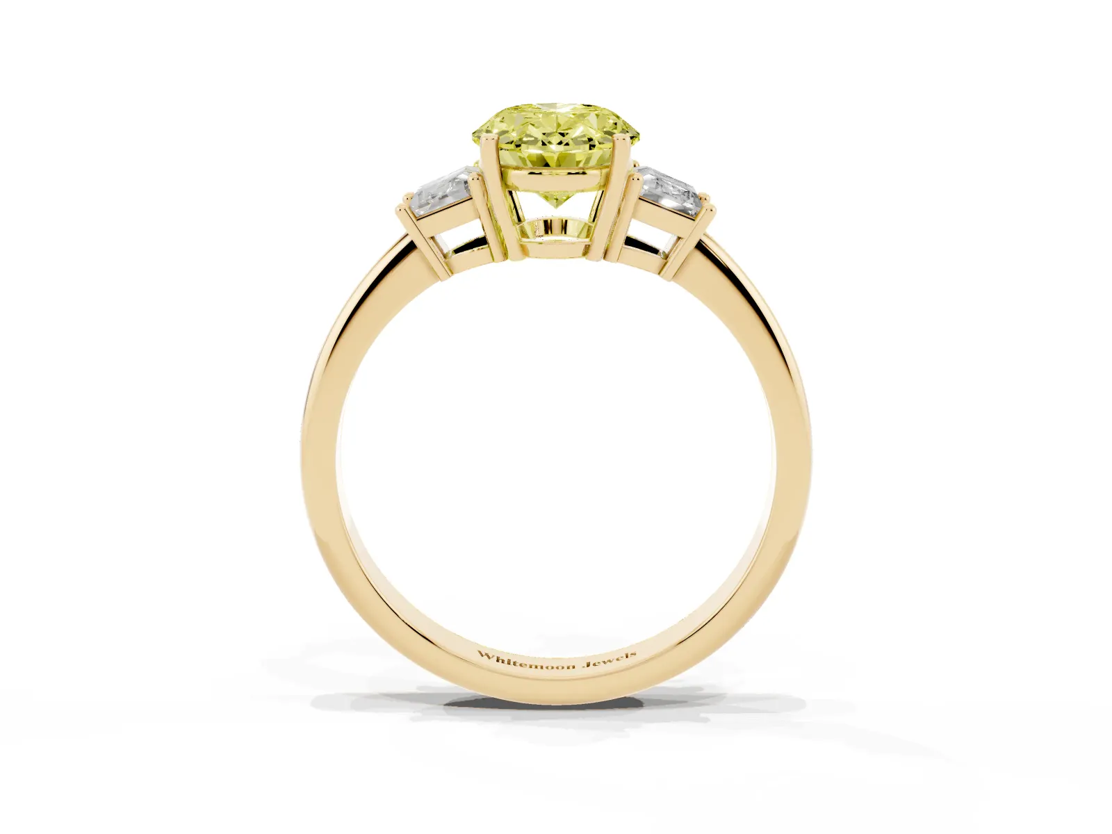 Fancy Yellow Oval Cut Diamond Three-Stone Ring with Trapezoid Side Stones and Prong Setting Yellow gold