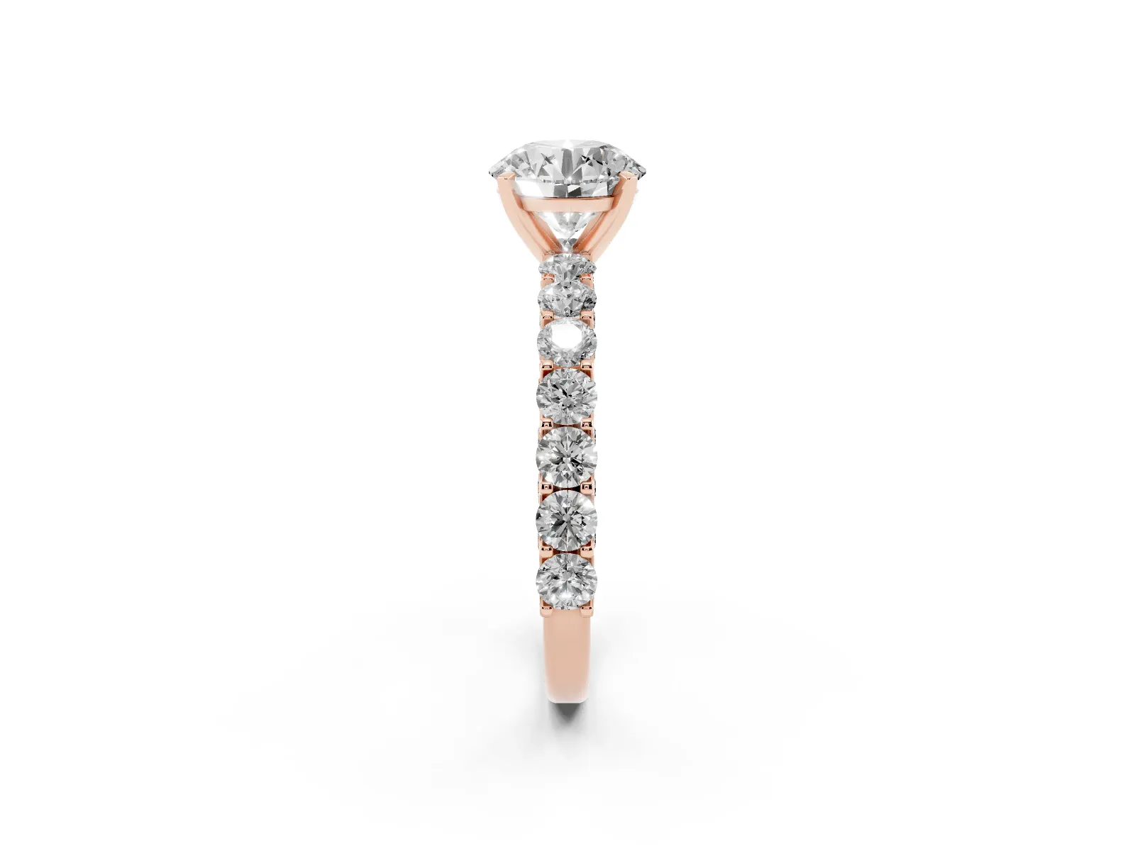 Round Cut Diamond Solitaire Ring with Shared Prong Pavé Band and Four-Prong Setting Rose gold