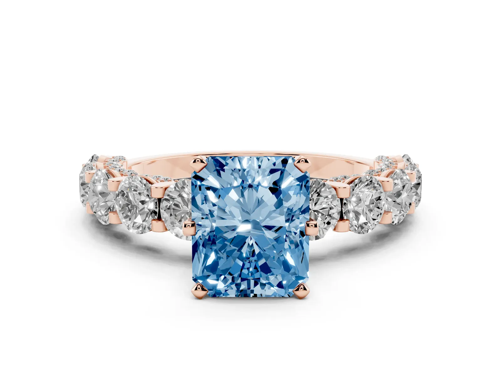 Fancy Blue Radiant Cut Diamond Side Stone Engagement Ring with Four-Prong Setting Rose gold