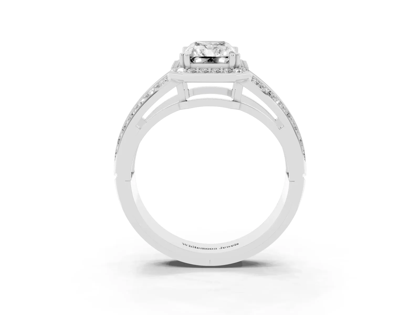 Radiant Cut Diamond Halo Ring with Split Shank Pavé Band and Four-Prong Setting White gold