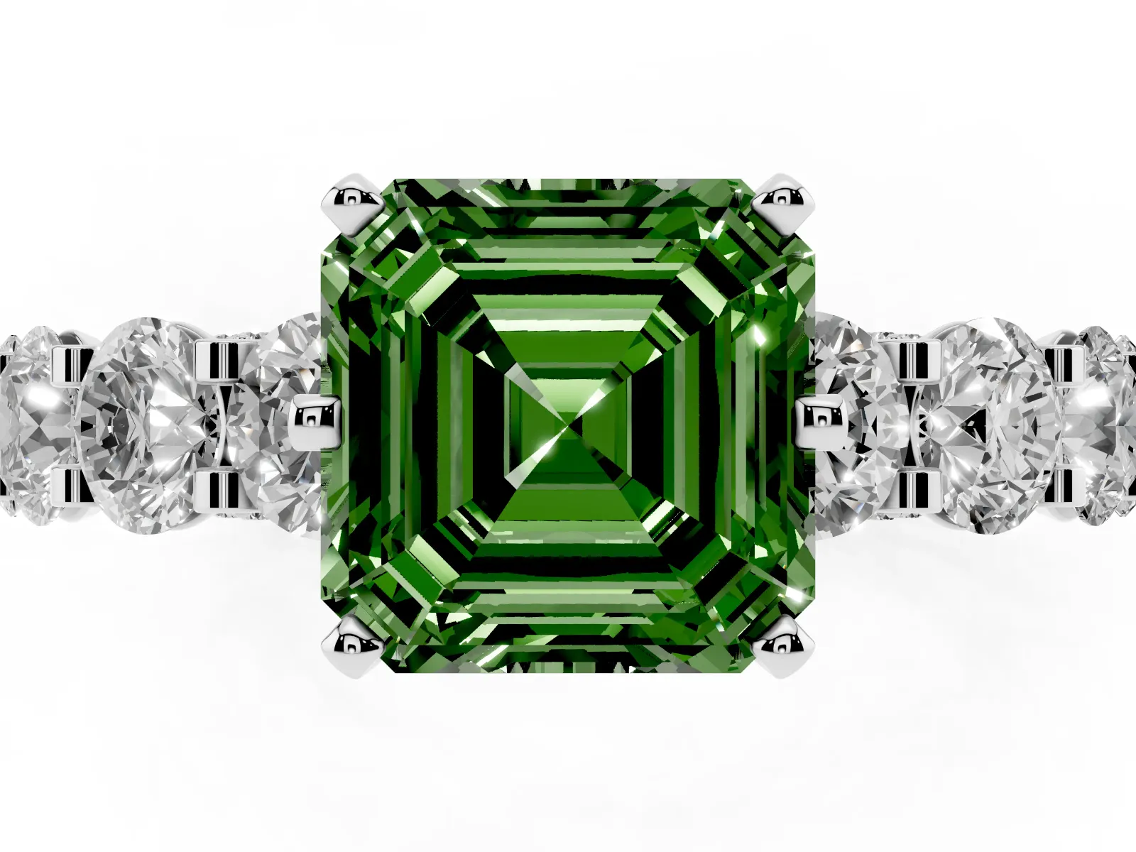 Fancy Green Asscher Cut Diamond Side Stone Engagement Ring with Four-Prong Setting Platinum