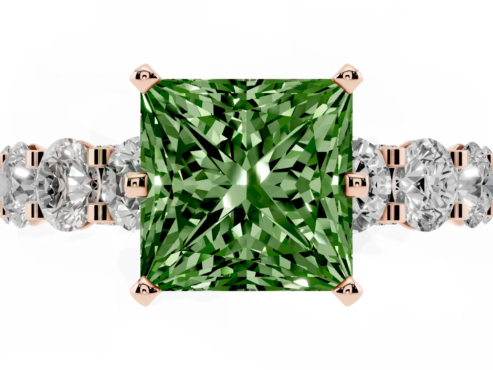 Fancy Green Princess Cut Diamond Side Stone Engagement Ring with Four-Prong Setting Rose gold