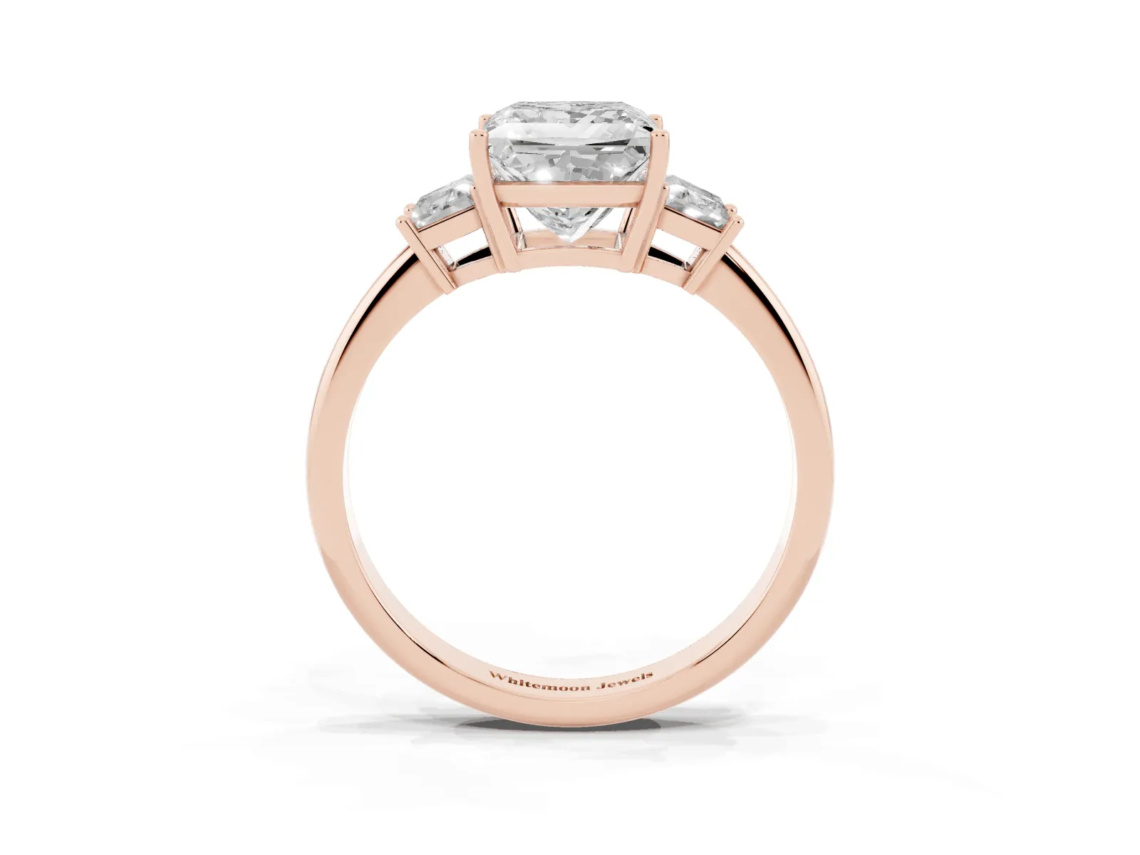 Princess Cut Diamond Three-Stone Ring with Trapezoid Side Stones and Prong Setting Rose gold