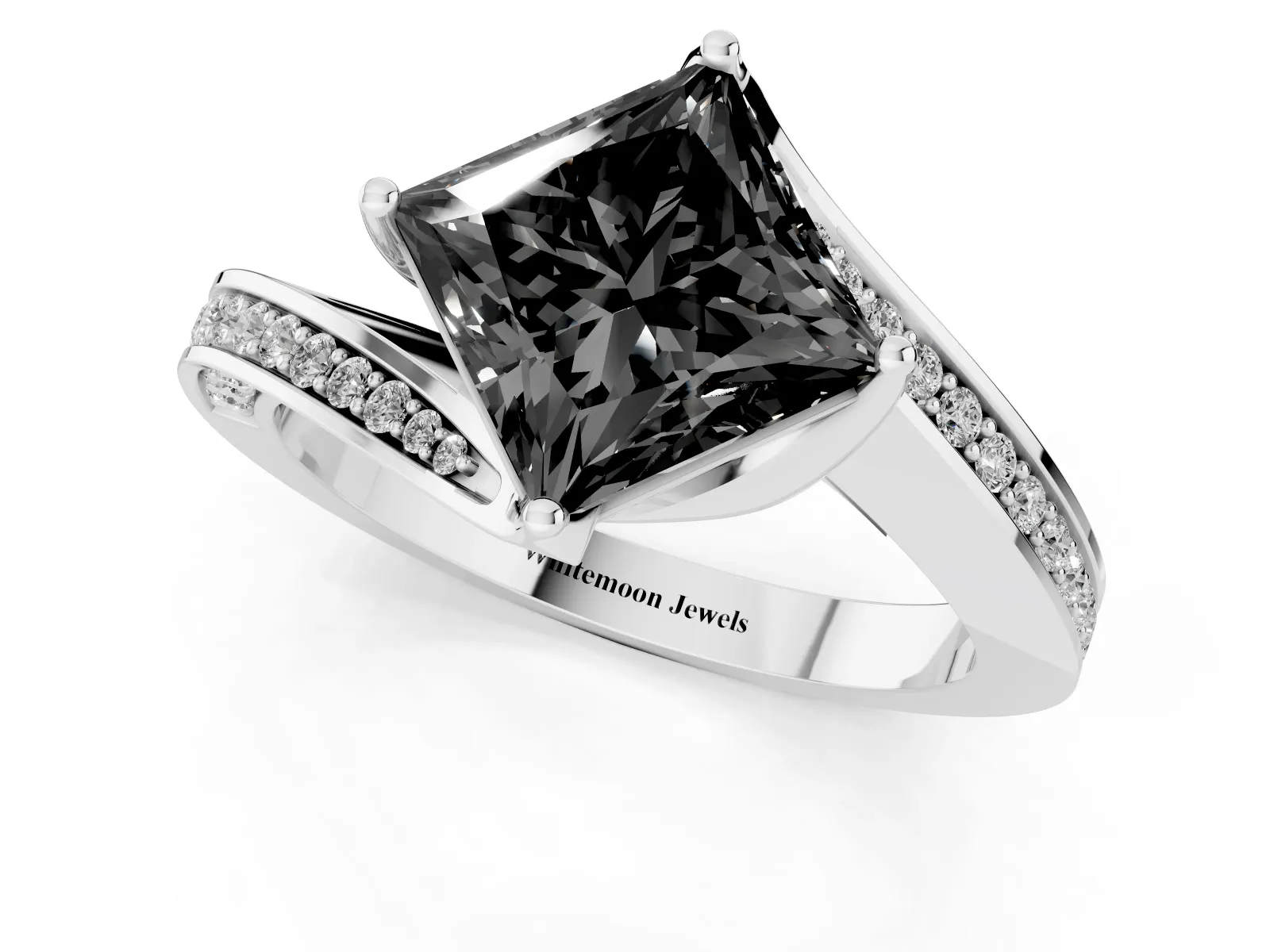 Fancy Black Princess Cut Solitaire Diamond Twist Band with Pavé Setting and Four-Prong Setting Platinum