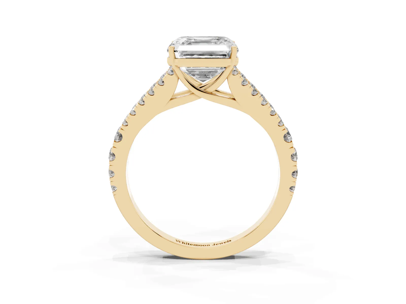 Asscher Cut Diamond Split Shank Engagement Ring with Round Pavé and Prong Setting Yellow gold