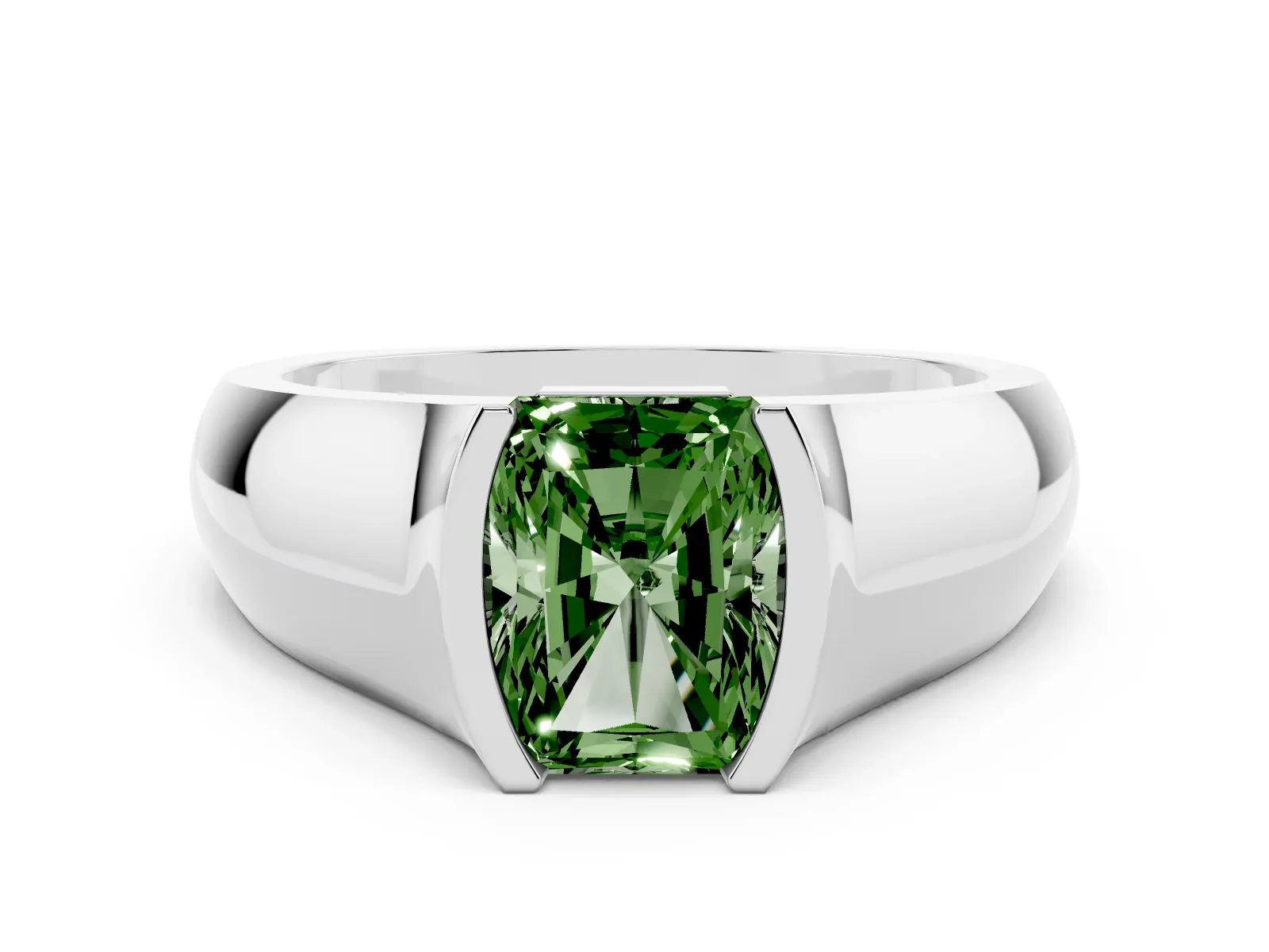Fancy Green Radiant Cut Solitaire Bezel Set Diamond Ring with Wide Band White gold