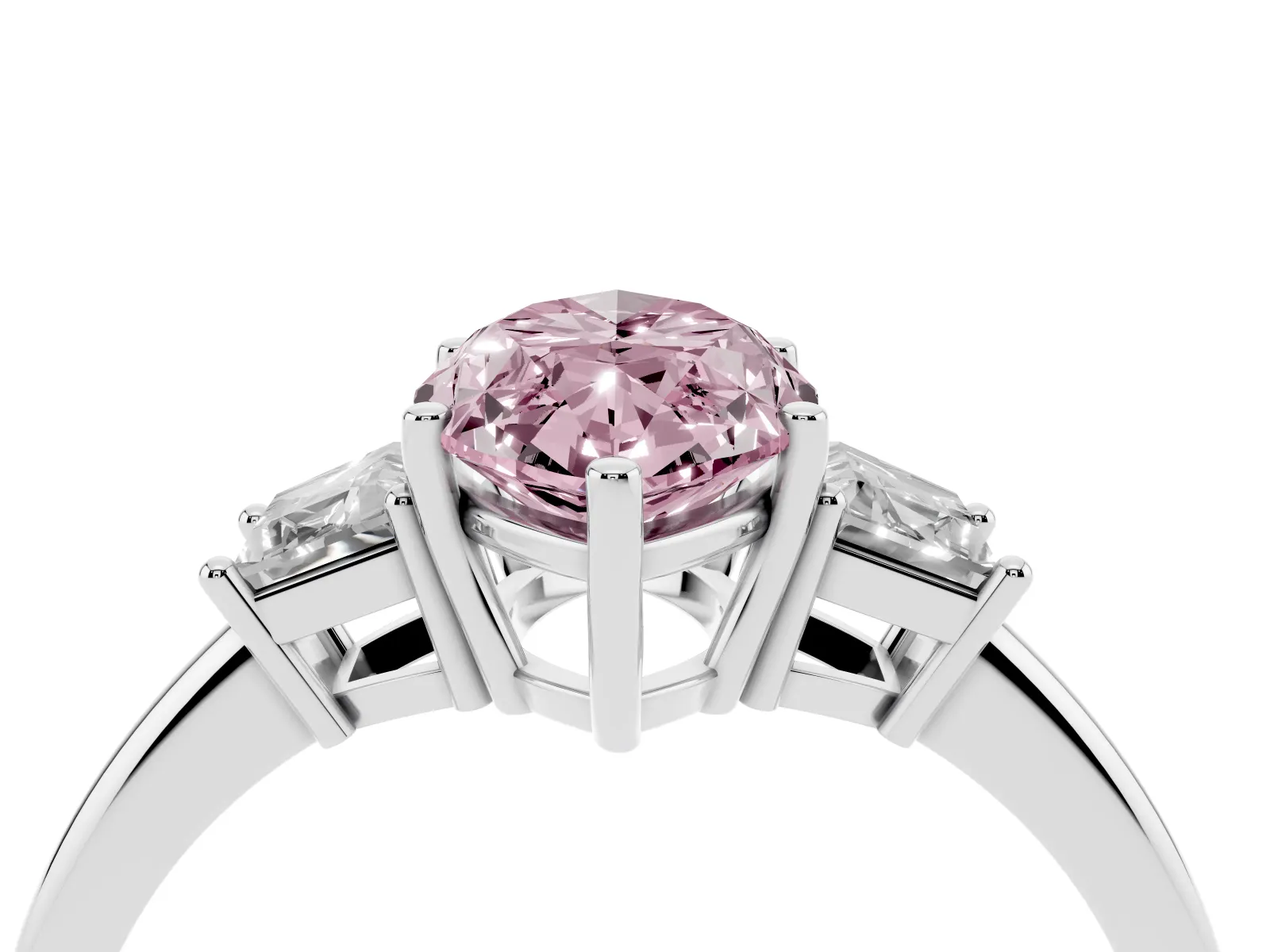 Fancy Pink Marquise Cut Diamond Three-Stone Ring with Trapezoid Side Stones and Prong Setting Platinum