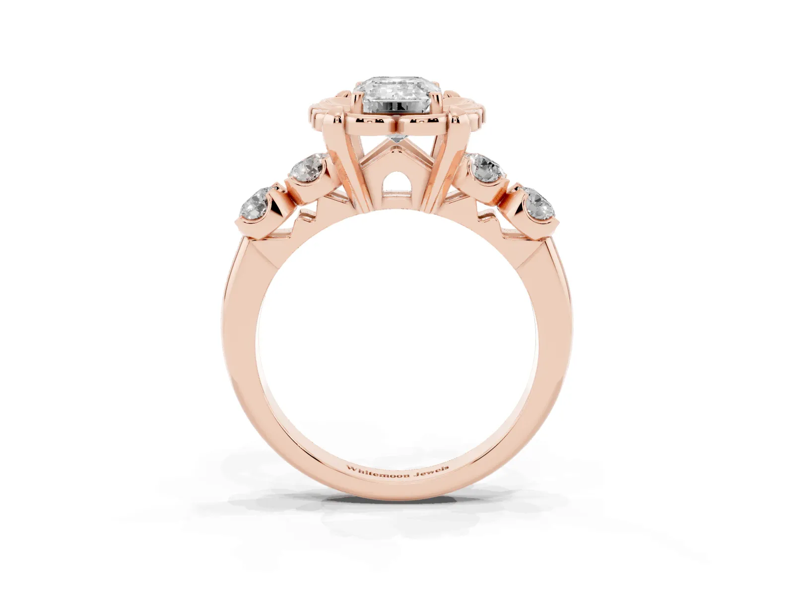 Emerald Cut Cut Diamond Floral Halo Engagement Ring with Shared Prong Setting Rose gold