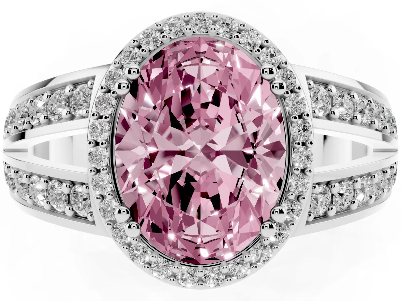 Fancy Pink Oval Cut Diamond Halo Ring with Split Shank Pavé Band and Four-Prong Setting White gold