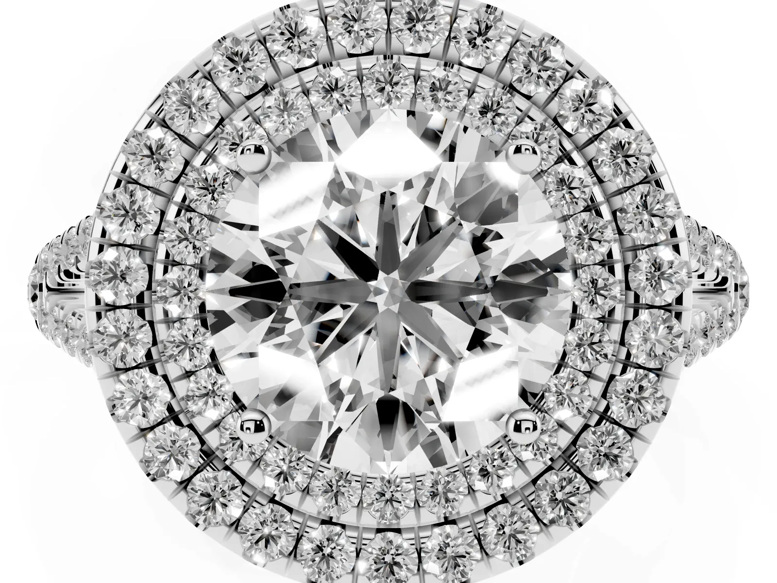 Round Cut Diamond Double Halo Ring with Pavé Band and Prong Setting Platinum