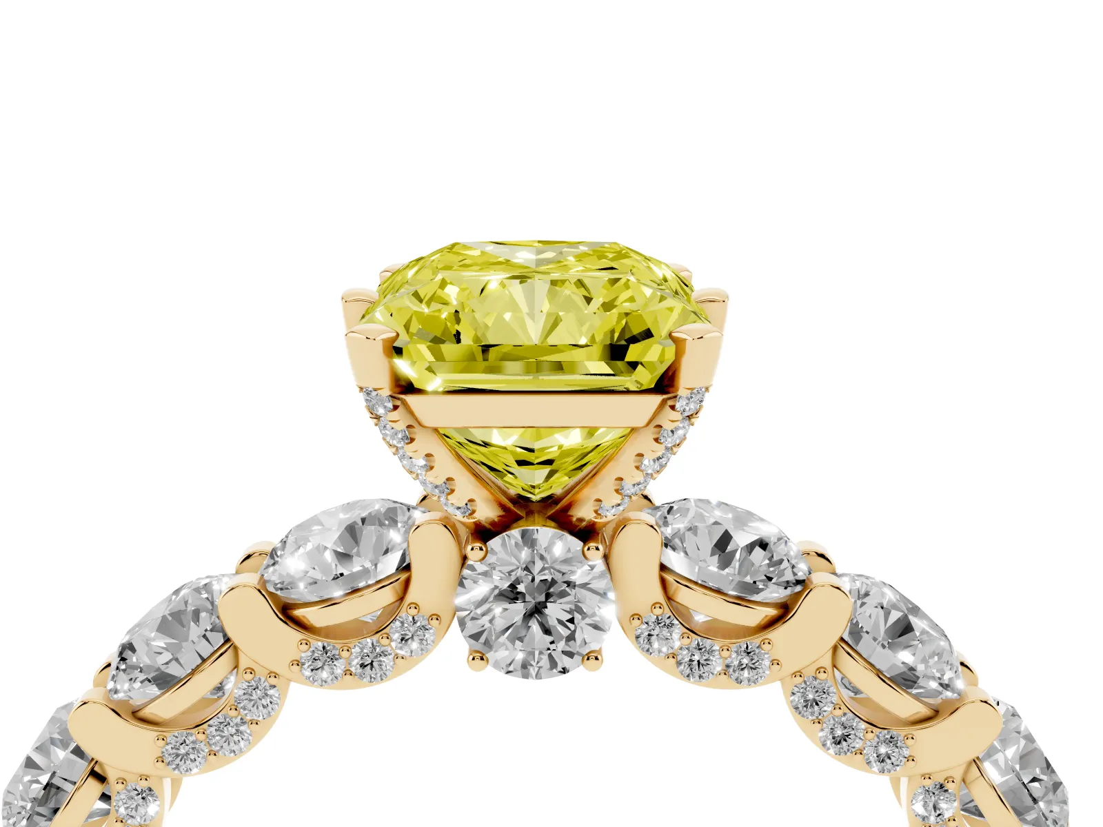 Fancy Yellow Radiant Cut Diamond Side Stone Engagement Ring with Four-Prong Setting Yellow gold