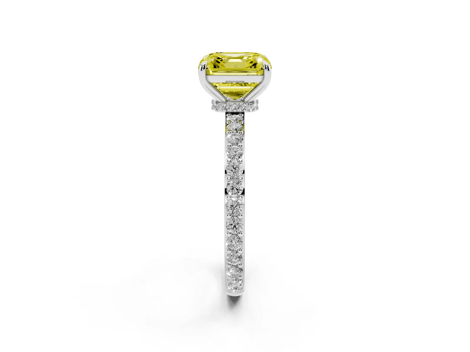 Fancy Yellow Asscher Cut Diamond Solitaire Engagement Ring with Pavé Band and Four-Prong Setting White gold