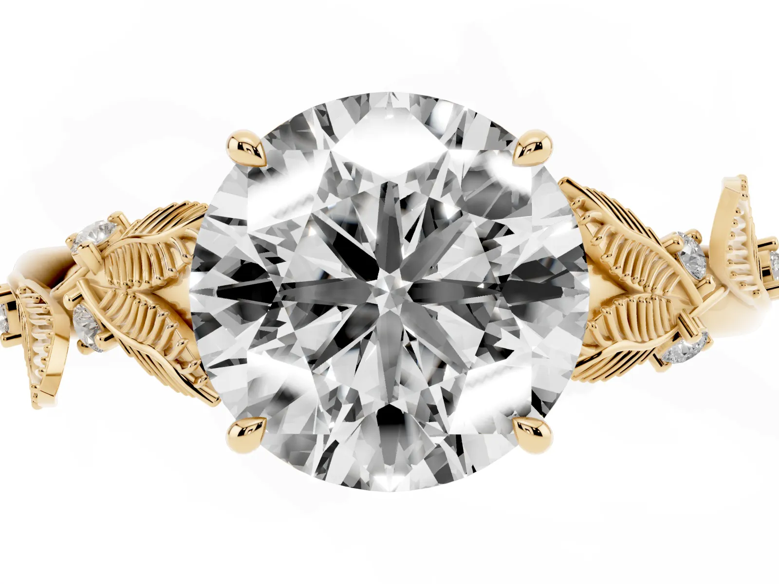 Round Cut Diamond Solitaire Ring with Leaf Motif Band and Four-Prong Setting Yellow gold