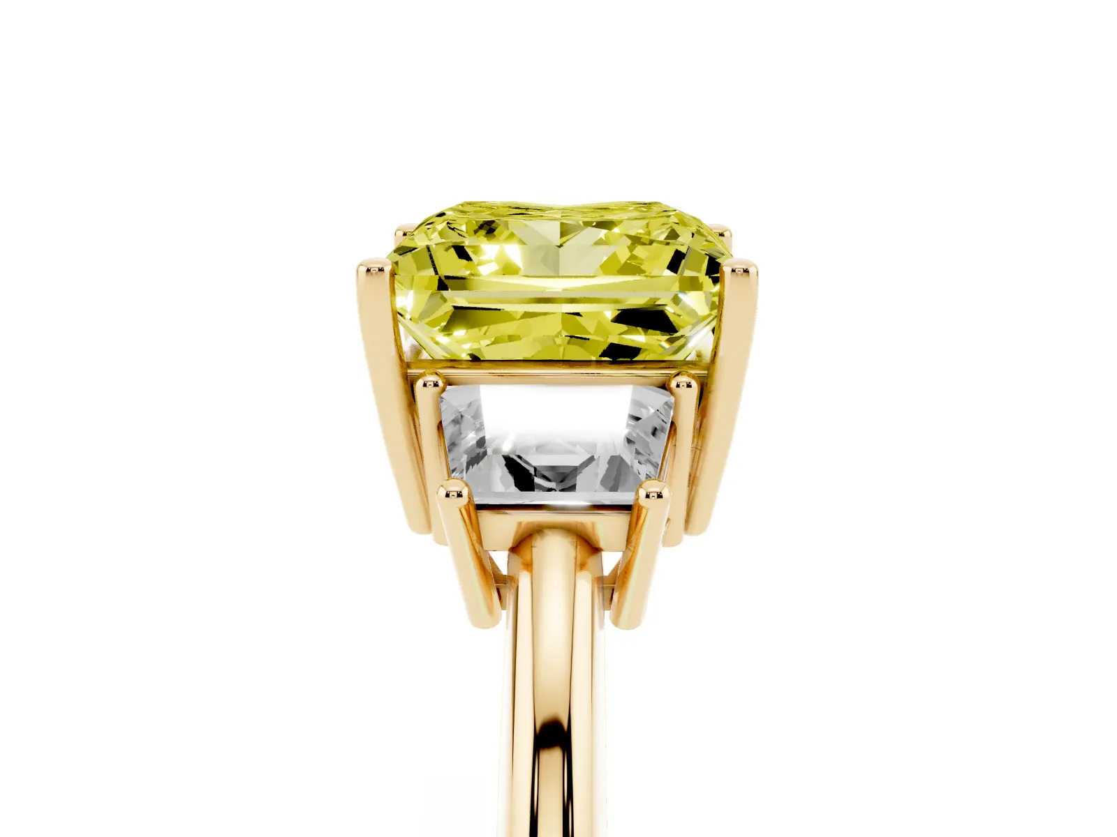 Fancy Yellow Princess Cut Diamond Three-Stone Ring with Trapezoid Side Stones and Prong Setting Yellow gold