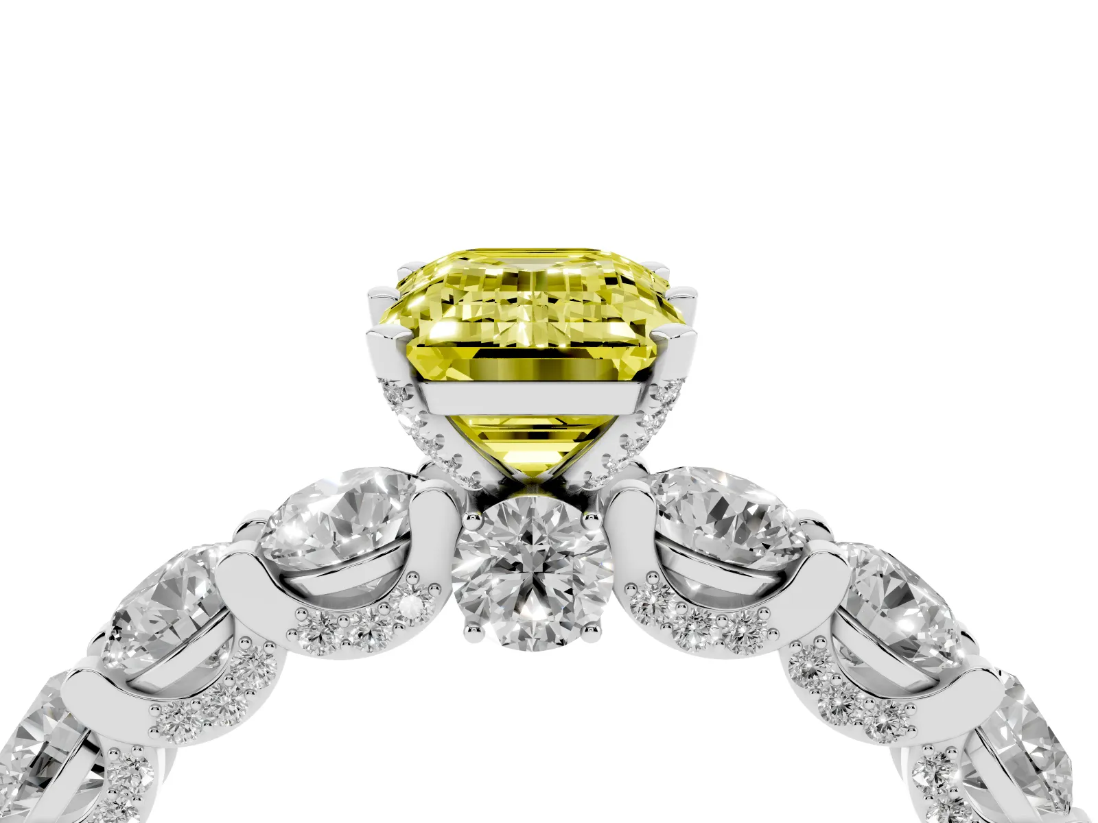 Fancy Yellow Emerald Cut Diamond Side Stone Engagement Ring with Four-Prong Setting Platinum