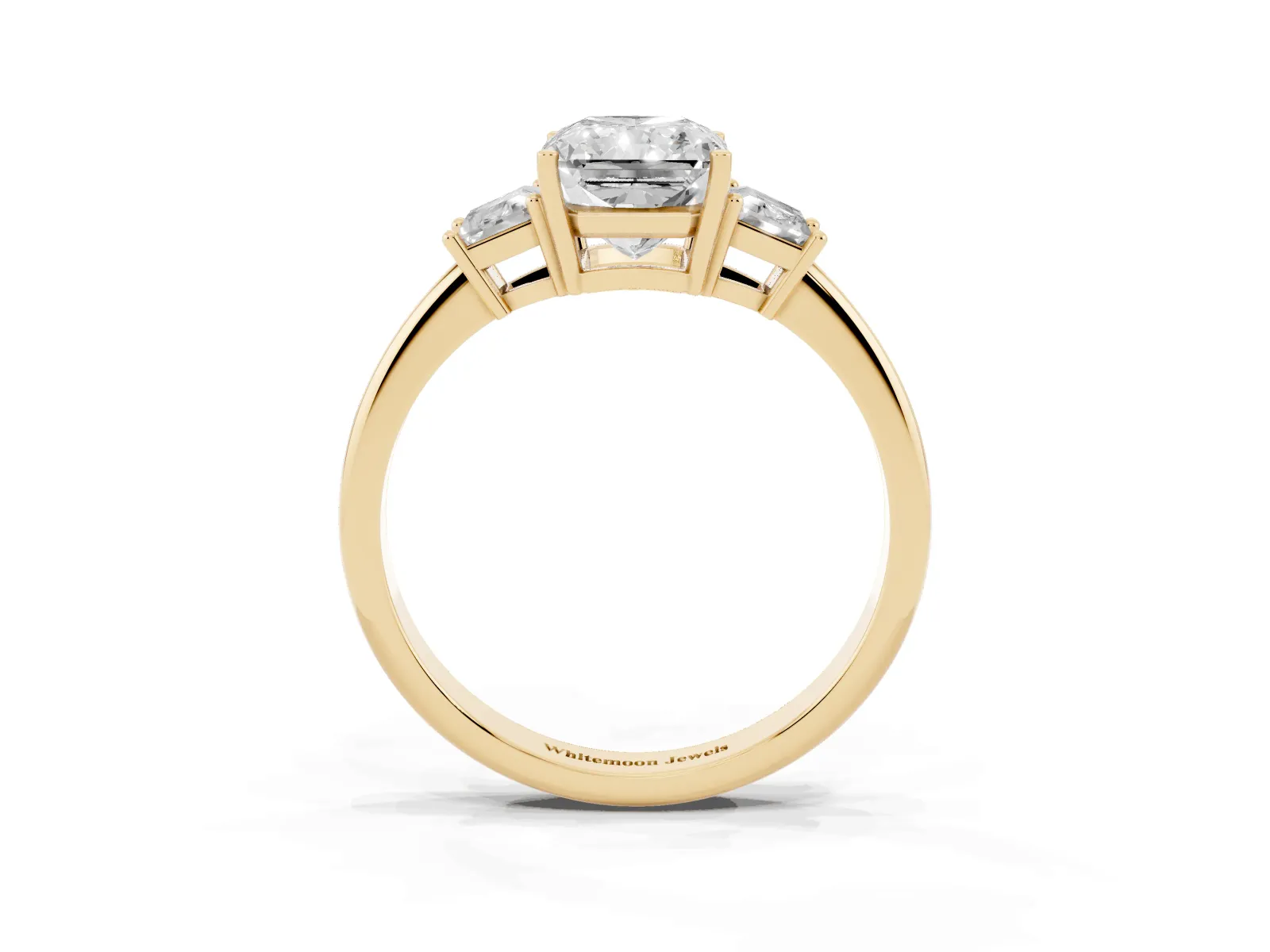 Radiant Cut Diamond Three-Stone Ring with Trapezoid Side Stones and Prong Setting Yellow gold
