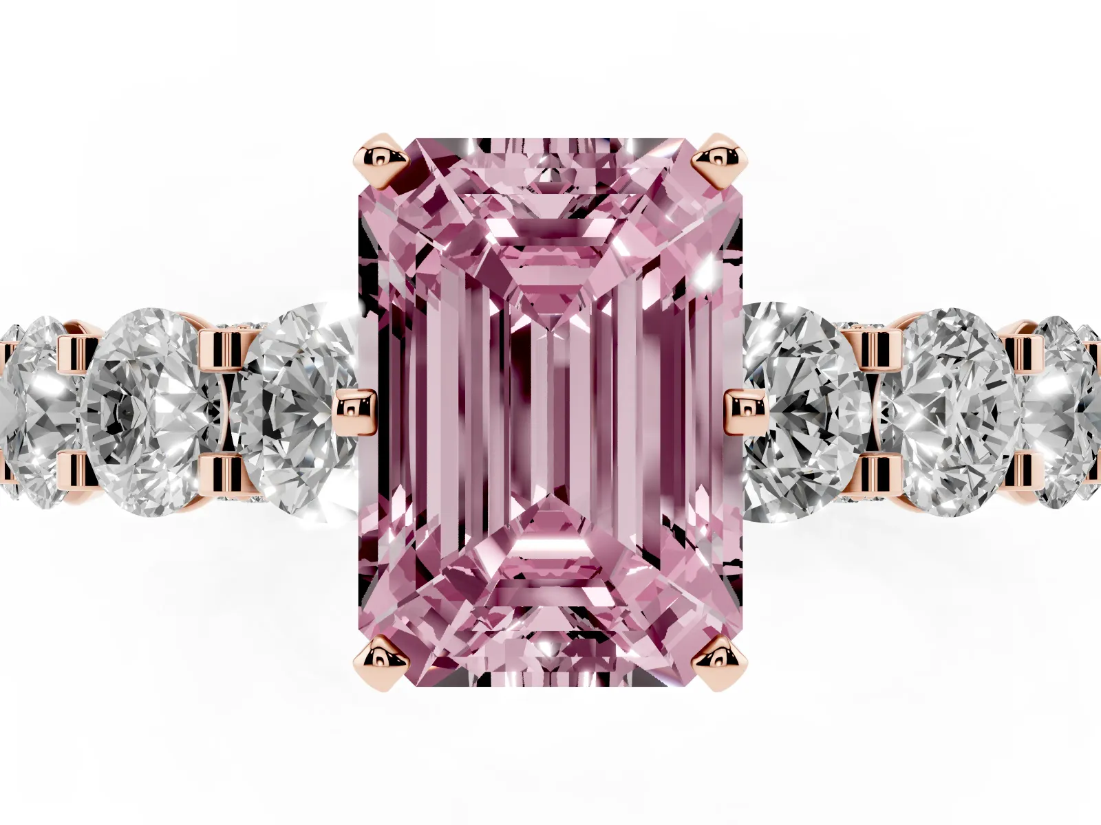Fancy Pink Emerald Cut Diamond Side Stone Engagement Ring with Four-Prong Setting Rose gold