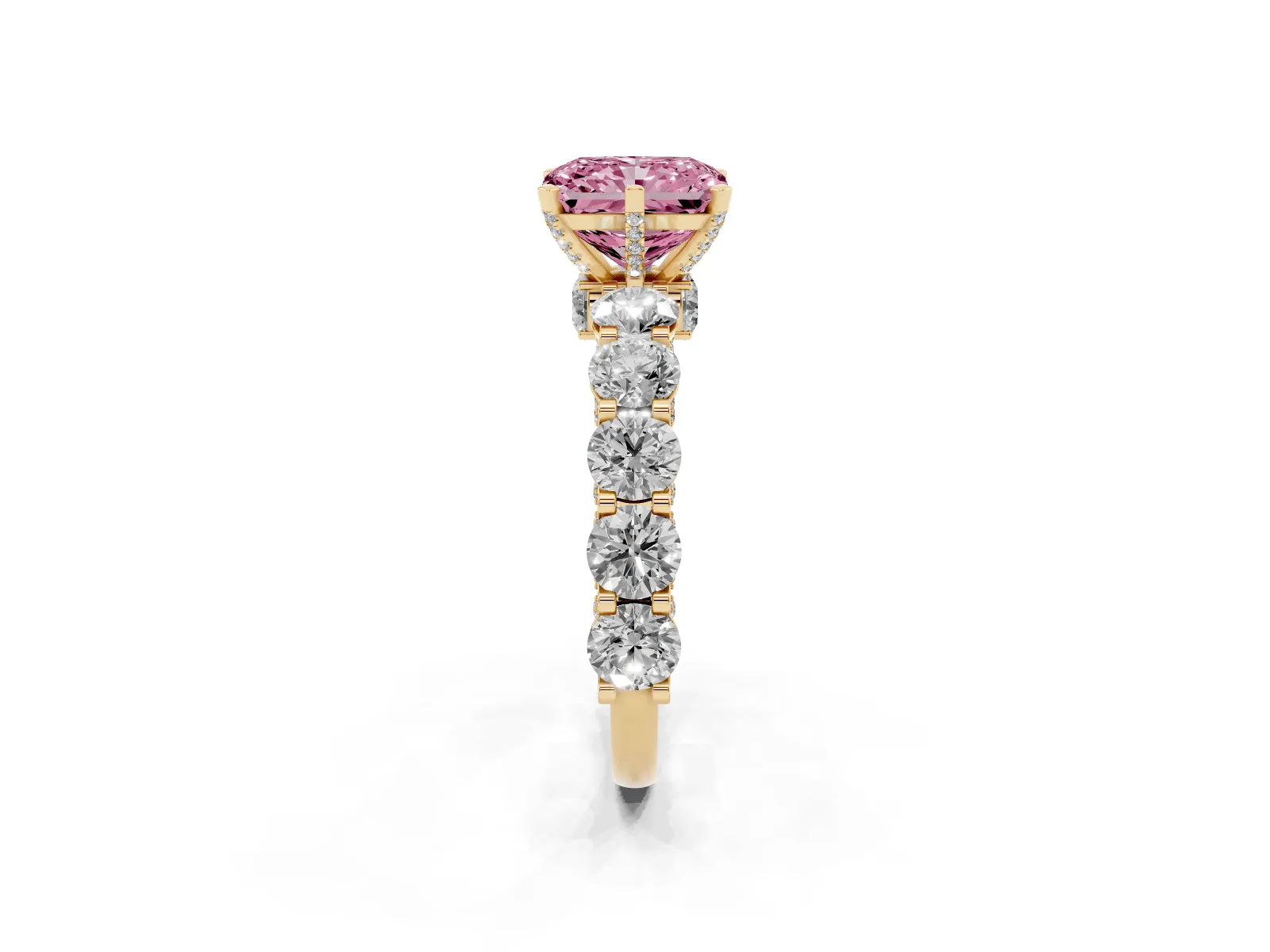 Fancy Pink Radiant Cut Diamond Side Stone Engagement Ring with Four-Prong Setting Yellow gold