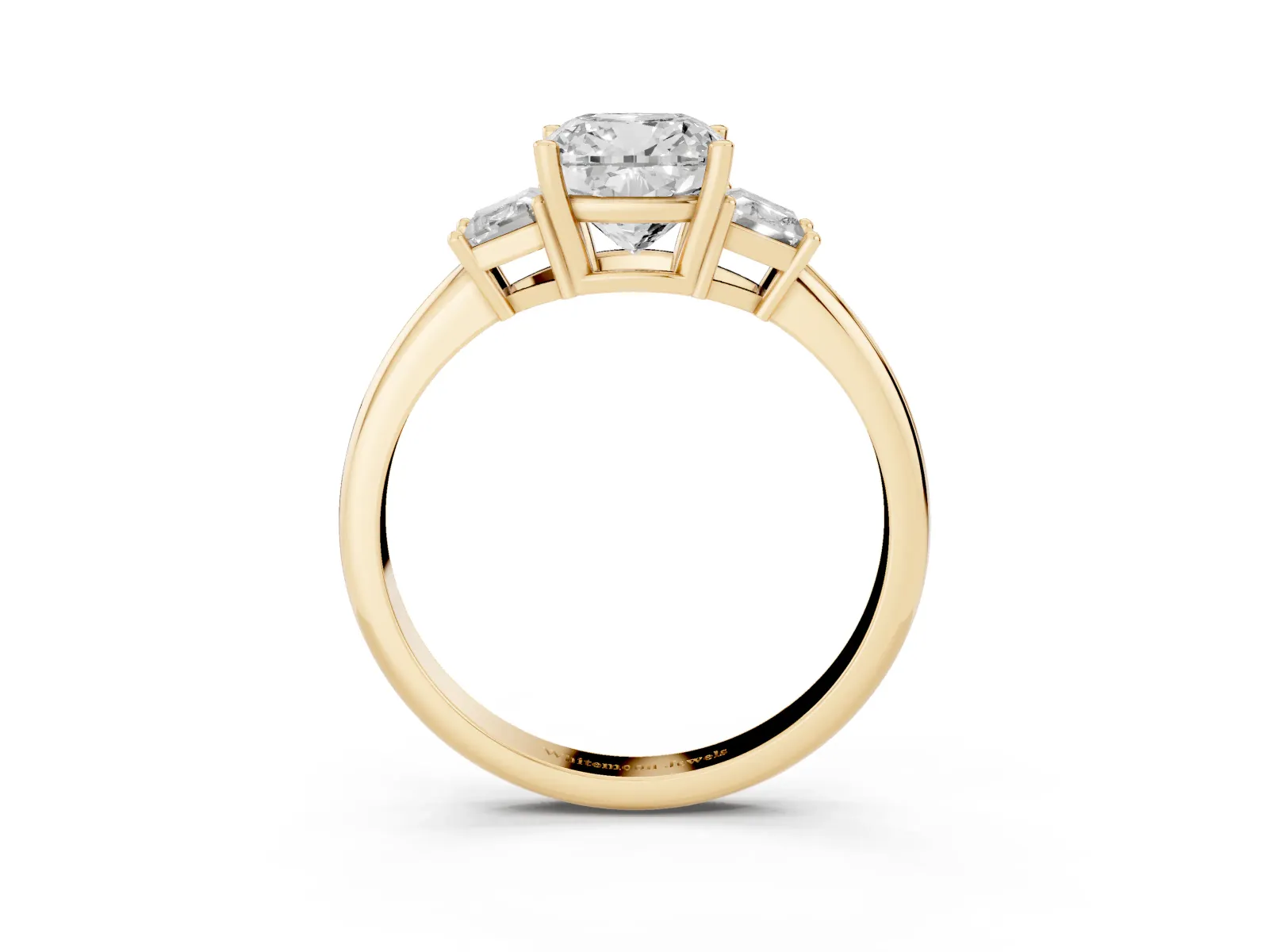 Cushion Cut Diamond Three-Stone Ring with Trapezoid Side Stones and Prong Setting Yellow gold