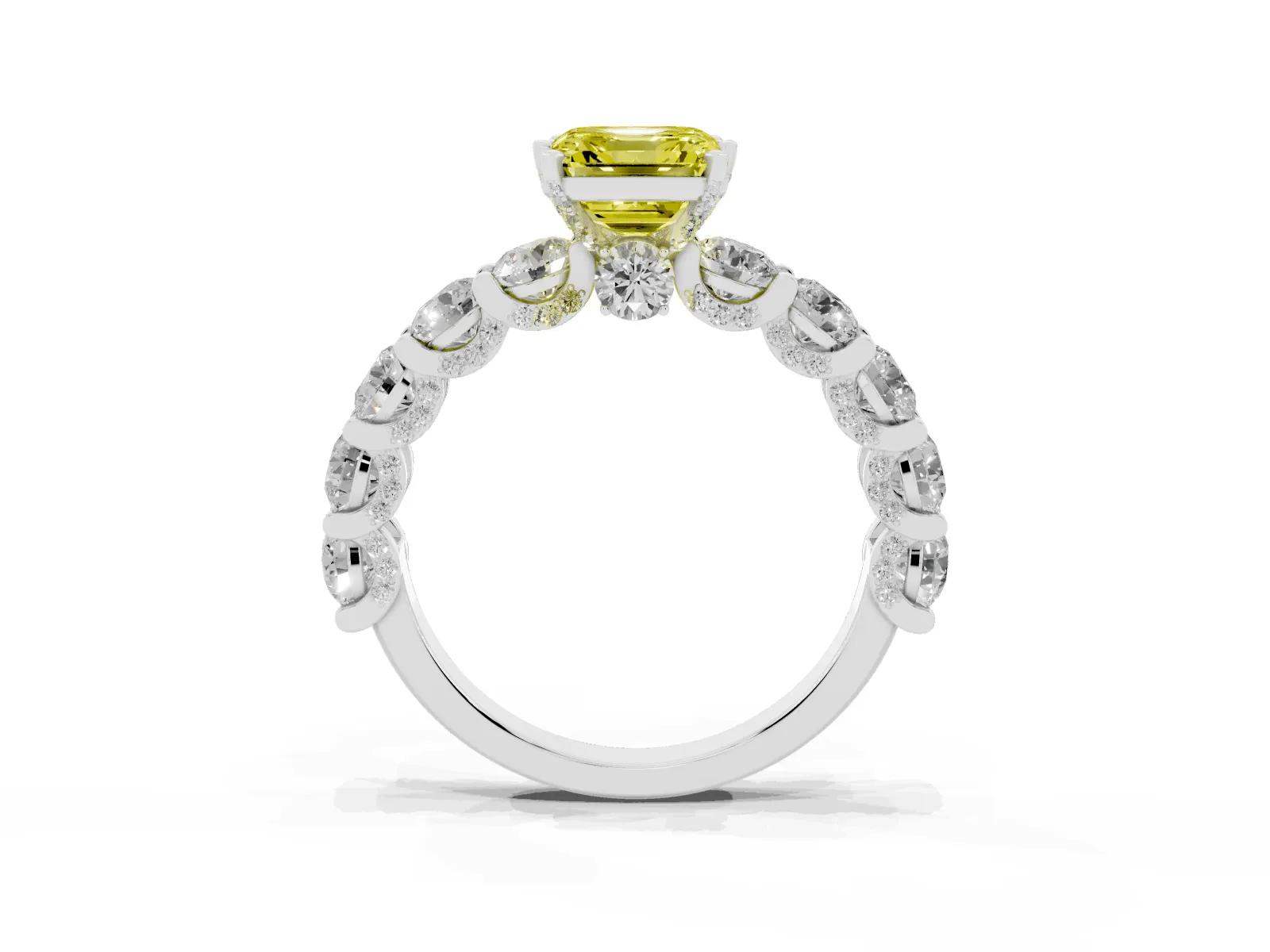Fancy Yellow Asscher Cut Diamond Side Stone Engagement Ring with Four-Prong Setting White gold