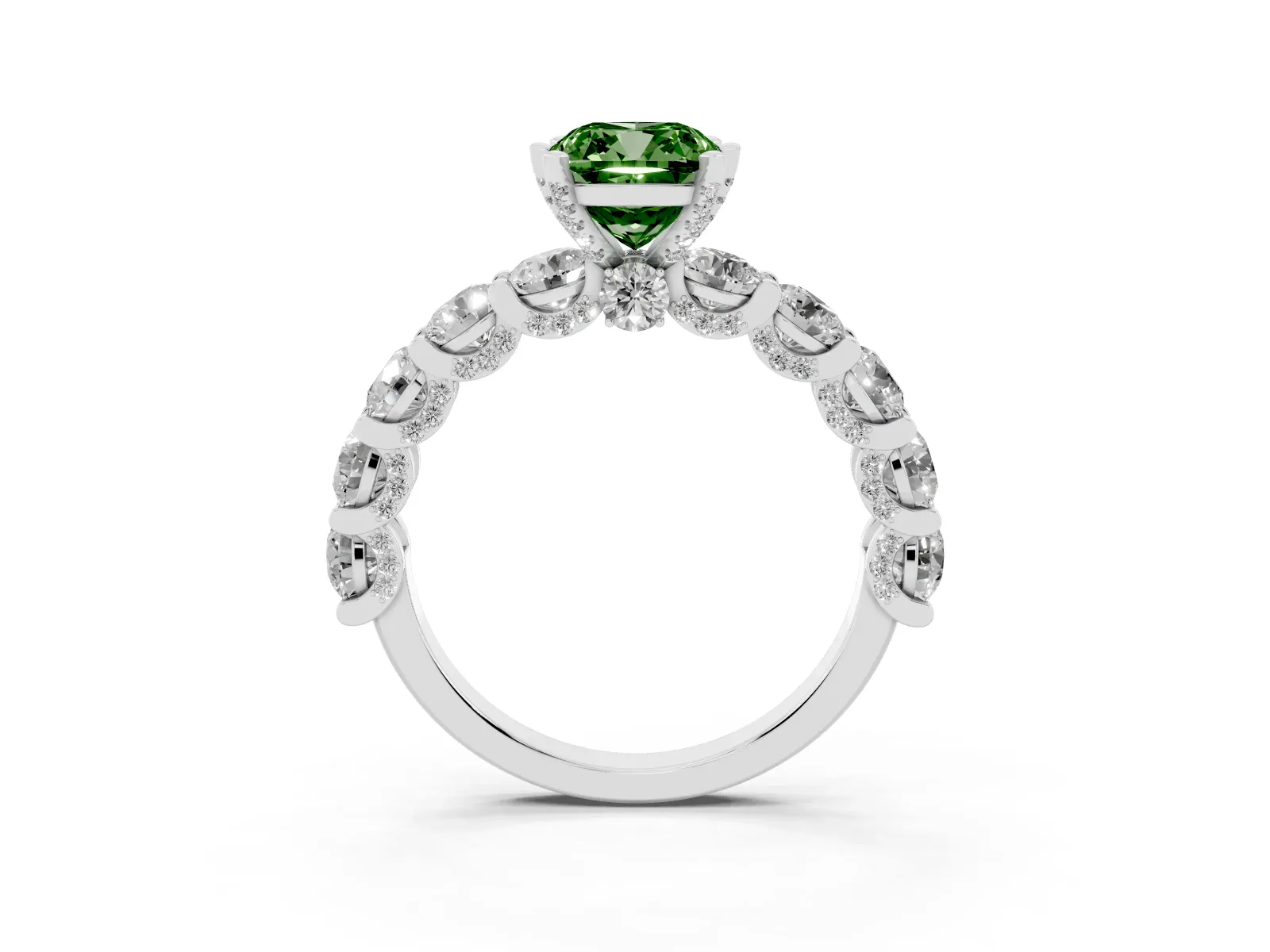 Fancy Green Cushion Cut Diamond Side Stone Engagement Ring with Four-Prong Setting White gold