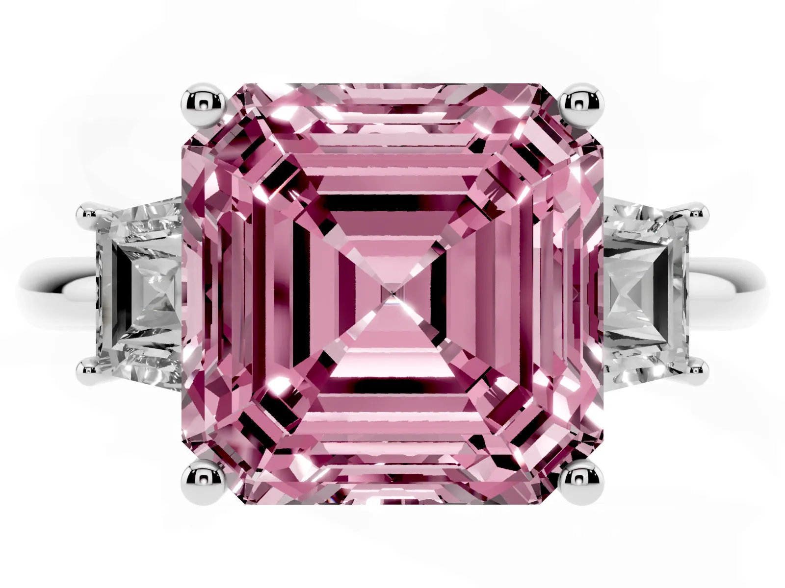 Fancy Pink Asscher Cut Diamond Three-Stone Ring with Trapezoid Side Stones and Prong Setting White gold