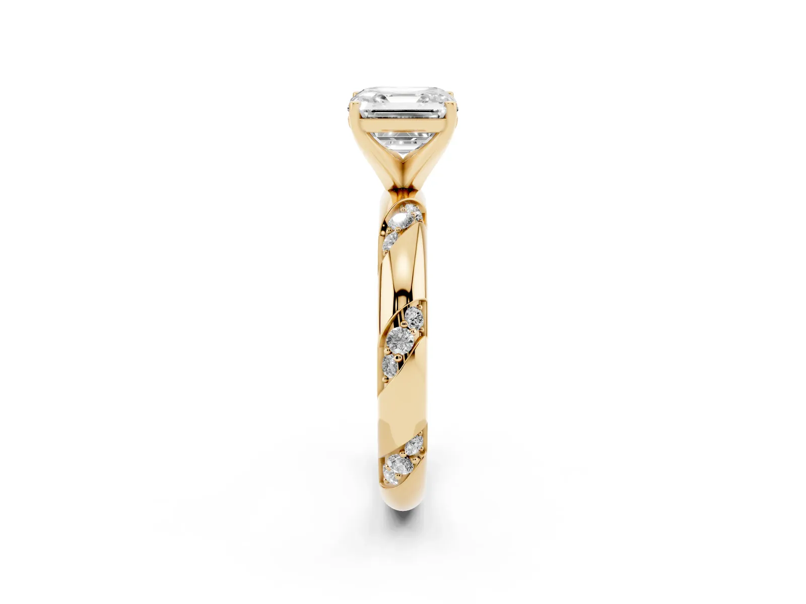 Asscher Cut Diamond Solitaire Engagement Ring with Twisted Round Accent Band and Prong Setting Yellow gold