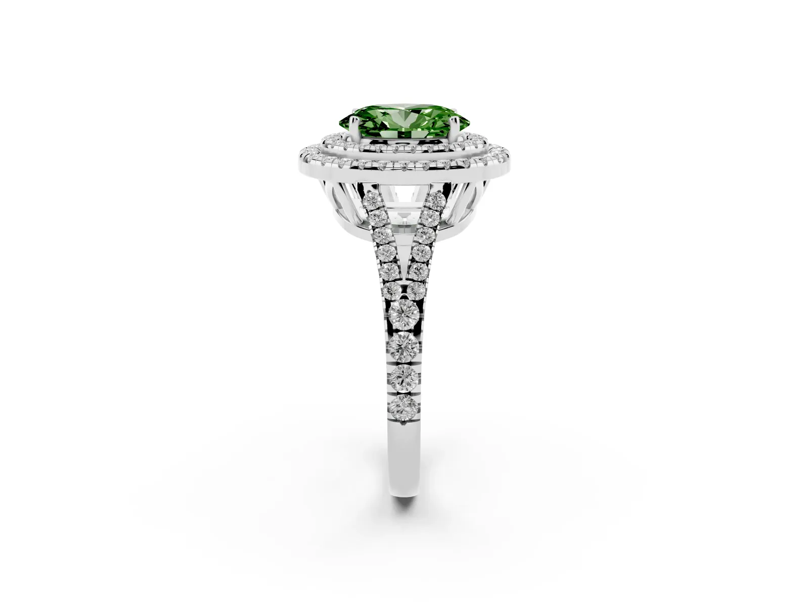 Fancy Green Oval Cut Diamond Double Halo Ring with Pavé Band and Prong Setting Platinum