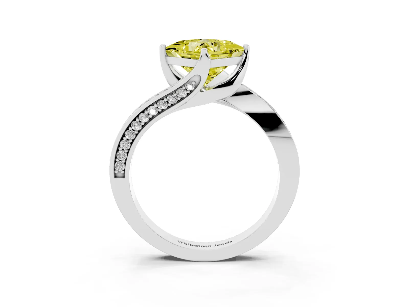 Fancy Yellow Princess Cut Solitaire Diamond Twist Band with Pavé Setting and Four-Prong Setting Platinum