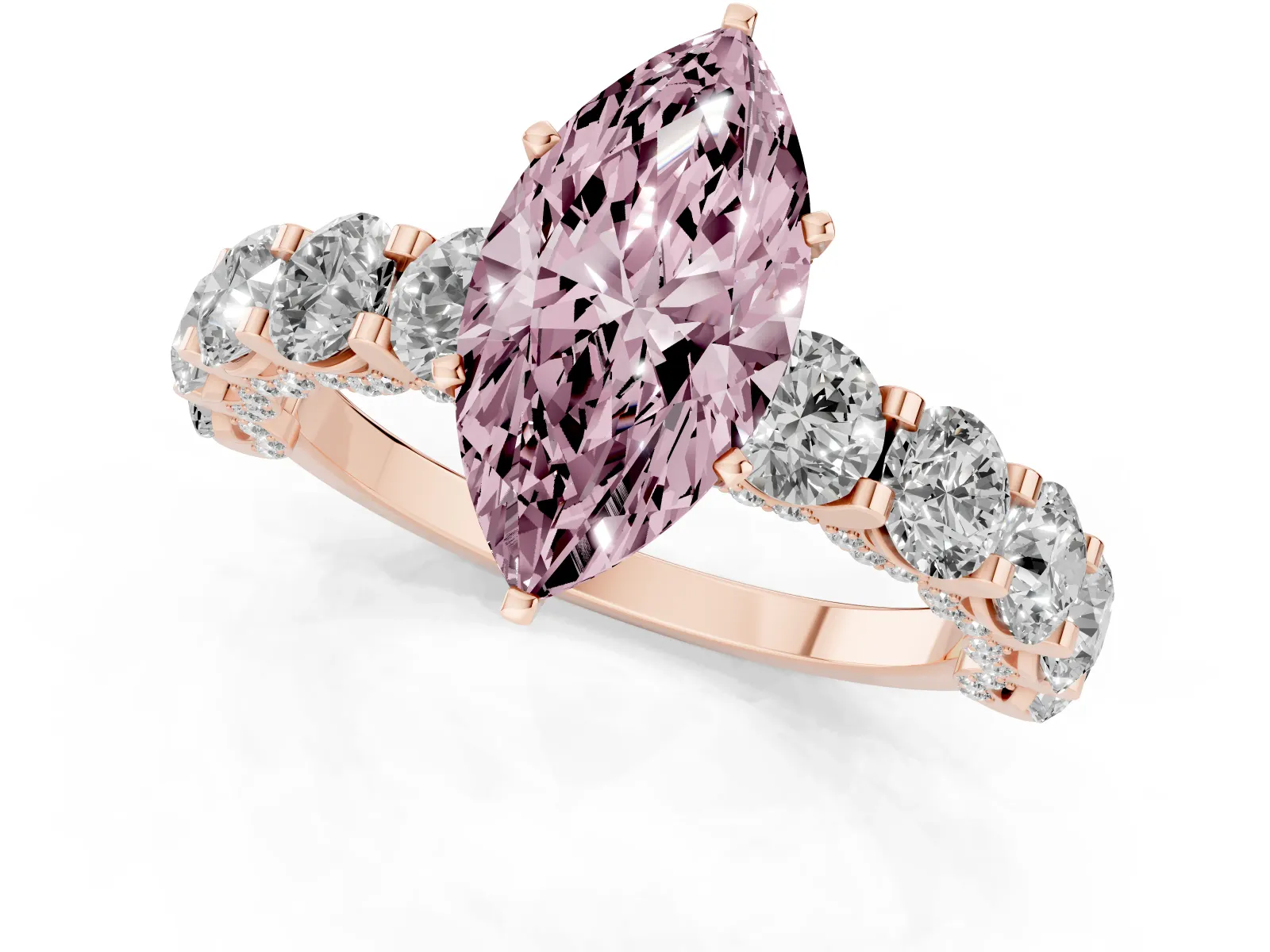 Fancy Pink Marquise Cut Diamond Side Stone Engagement Ring with Four-Prong Setting Rose gold