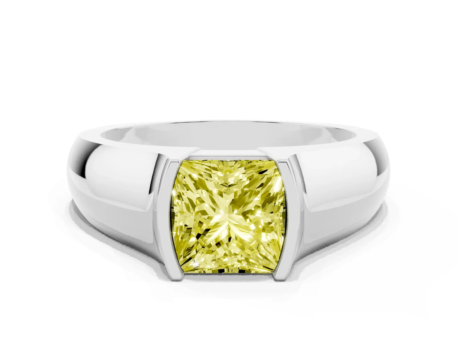 Fancy Yellow Princess Cut Solitaire Bezel Set Diamond Ring with Wide Band White gold