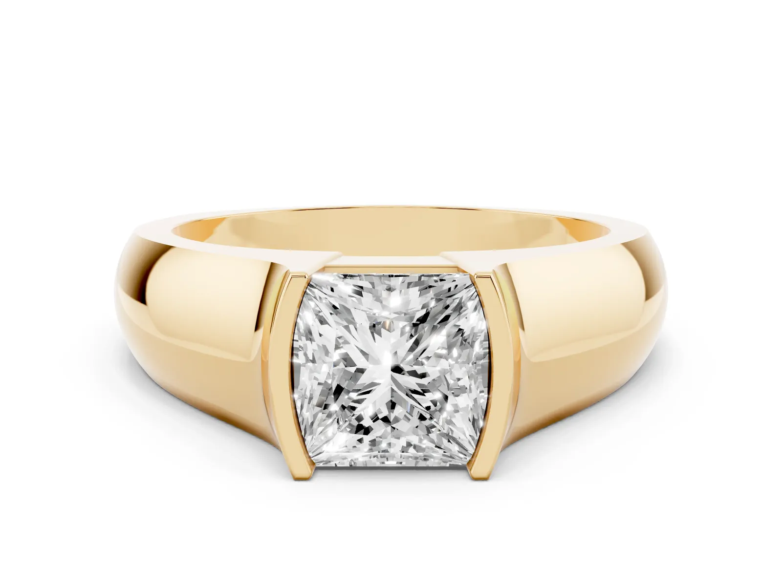 Princess Cut Solitaire Bezel Set Diamond Ring with Wide Band Yellow gold