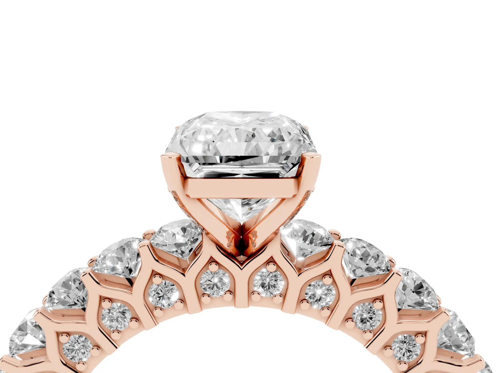 Radiant Cut Diamond Solitaire Ring with Shared Prong Pavé Band and Four-Prong Setting Rose gold