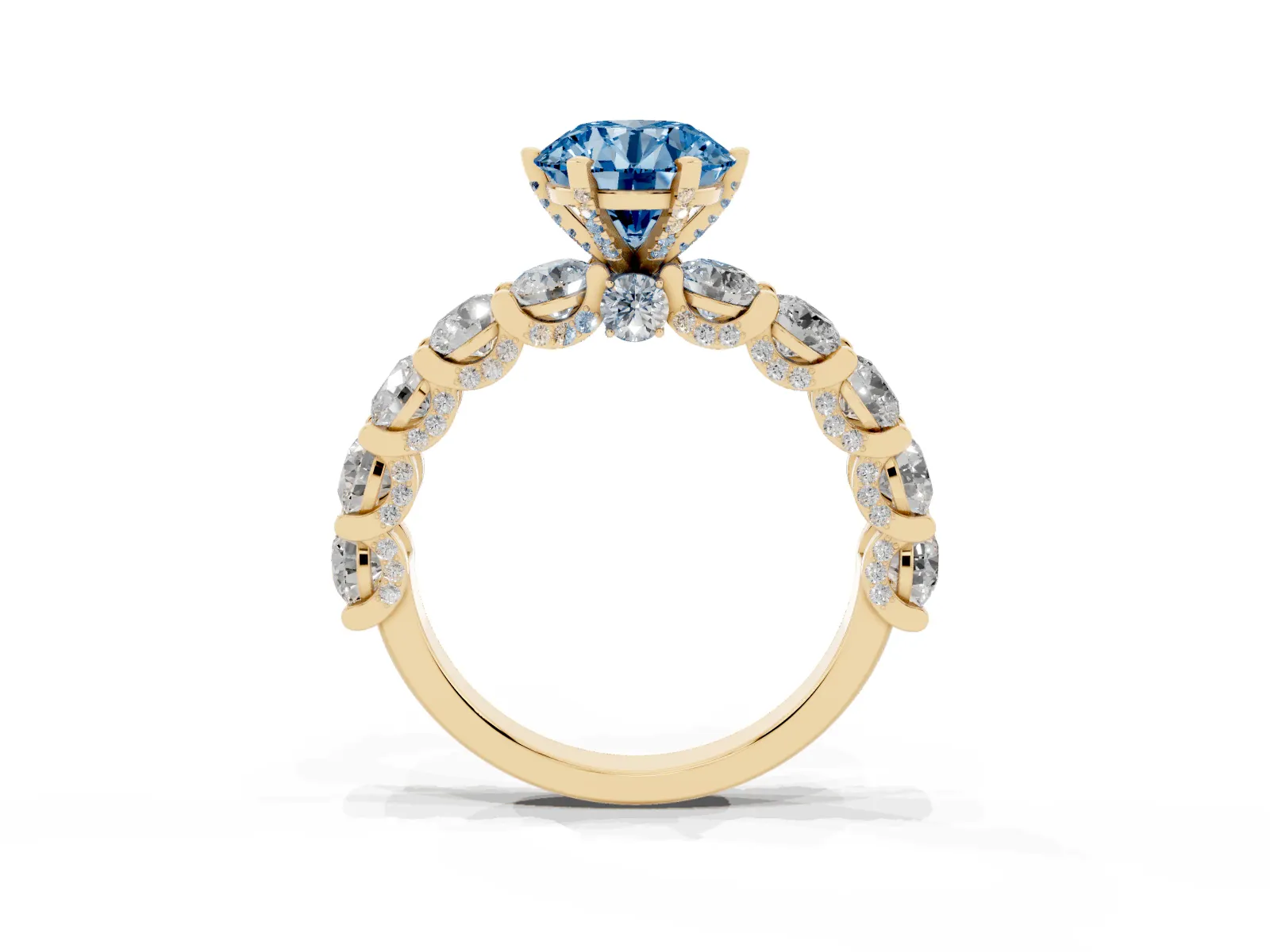 Fancy Blue Round Cut Diamond Side Stone Engagement Ring with Four-Prong Setting Yellow gold