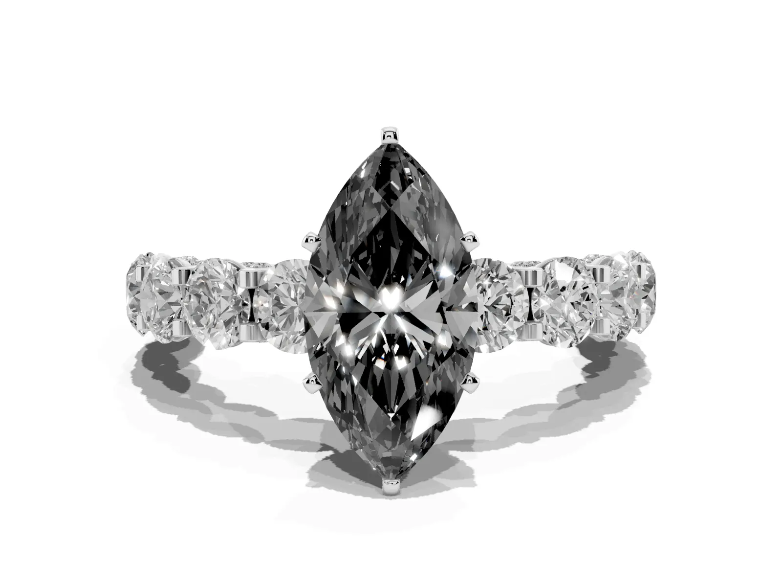 Fancy Black Marquise Cut Diamond Side Stone Engagement Ring with Four-Prong Setting Platinum
