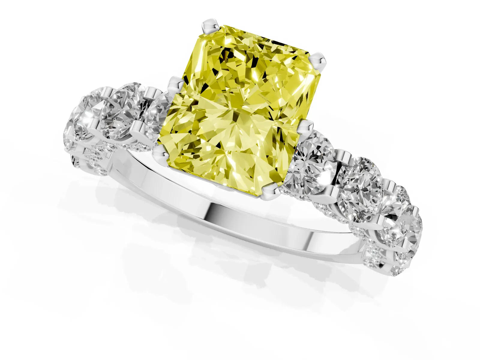 Fancy Yellow Radiant Cut Diamond Side Stone Engagement Ring with Four-Prong Setting Platinum
