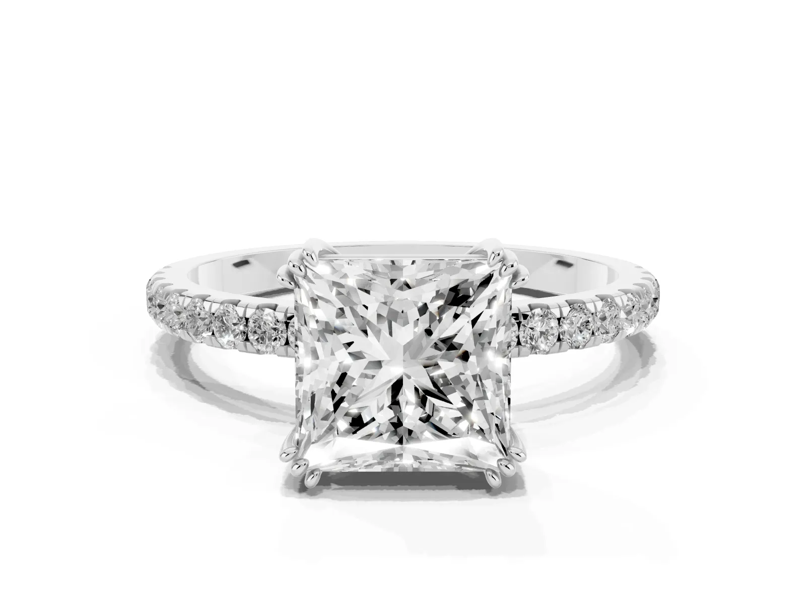 Princess Cut Brilliant Solitaire with Pavé Band and Claw Prong Setting Silver