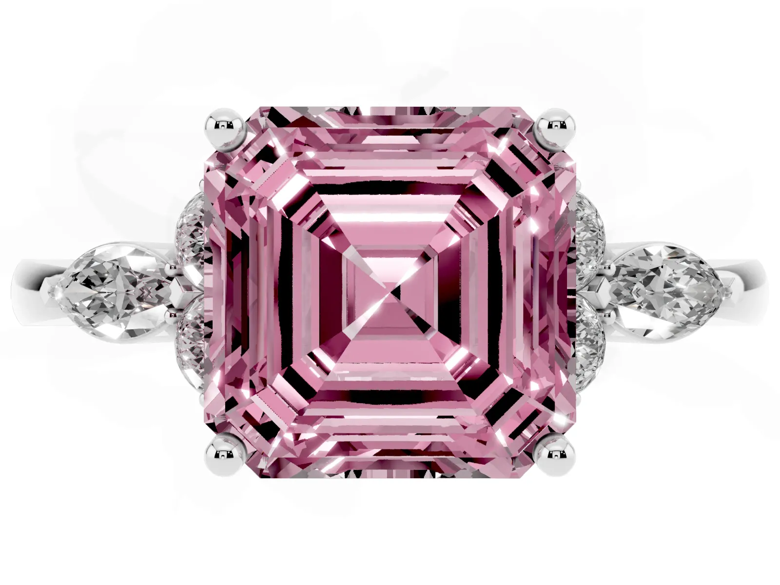Fancy Pink Asscher Cut Brilliant Diamond Solitaire Ring with Pear Side Stones and Four-Prong Setting Platinum