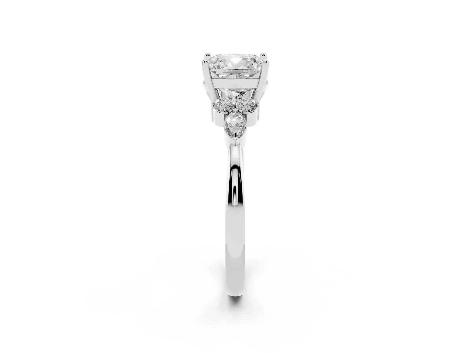 Cushion Cut Brilliant Diamond Solitaire Ring with Pear Side Stones and Four-Prong Setting Platinum
